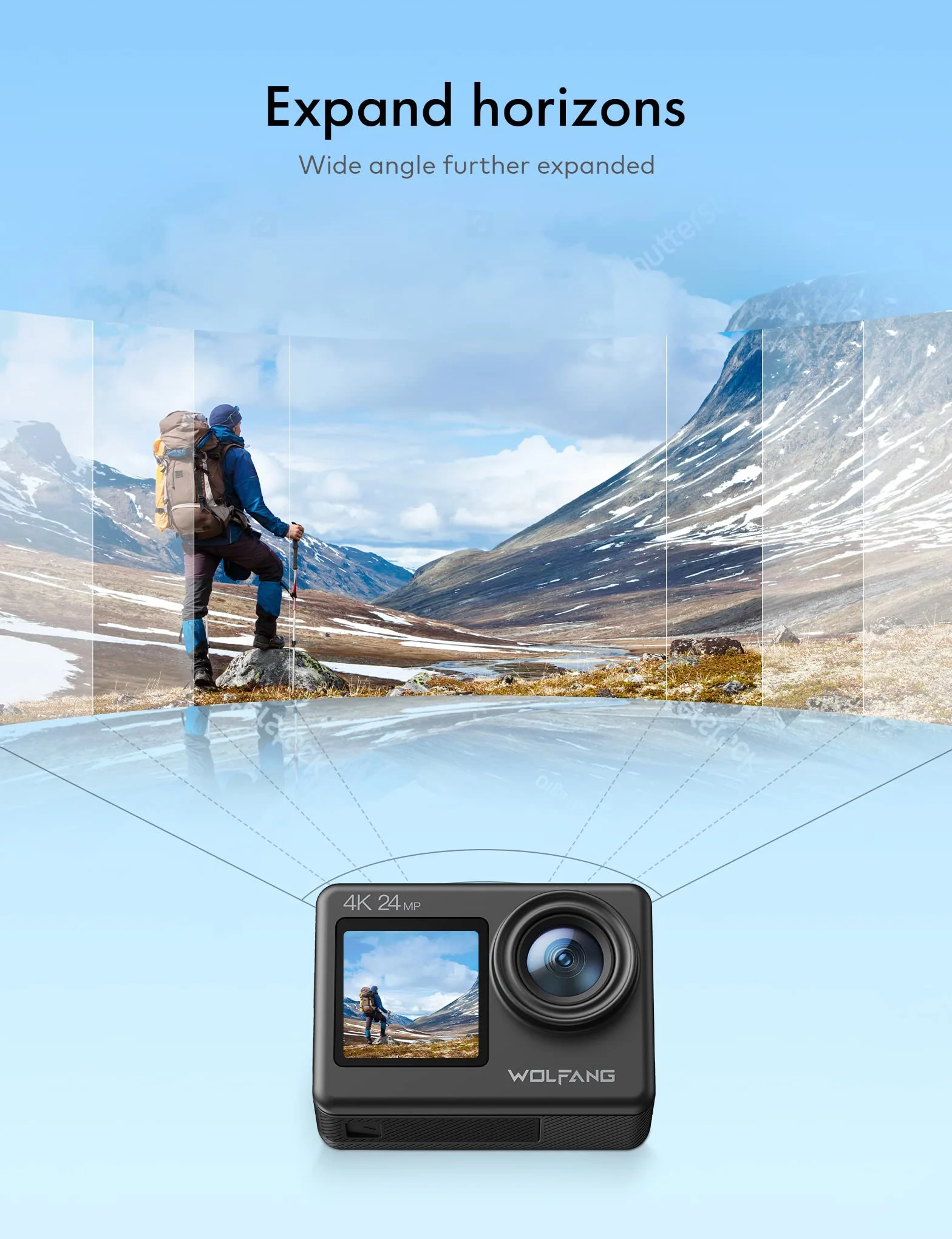 WOLFANG Kamera sportowa 4K 24MP WiFi GA200, wodoodporna kamera podwodna 40 m do nurkowania, EIS 170° szerokokątna kamera do vlogowania z ładowarką, pilotem zdalnego sterowania