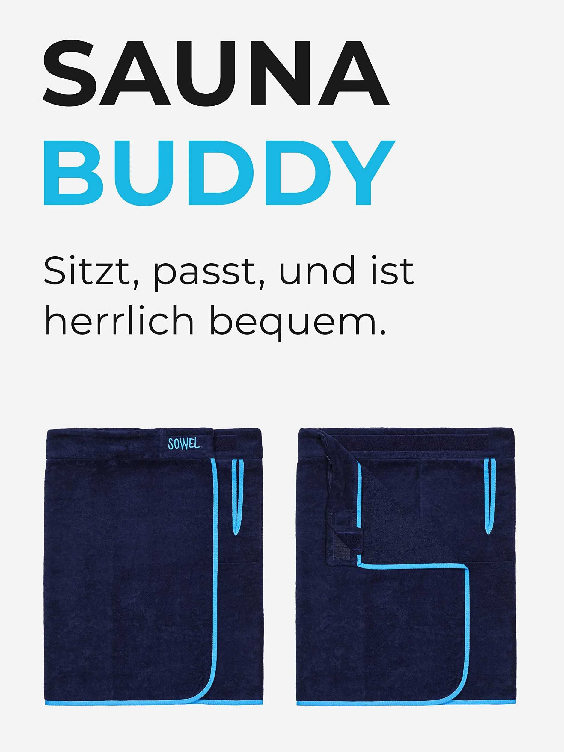 Sowel® Męski kilt do sauny XXL, 100% bawełna ekologiczna, ręcznik do sauny z zapięciem na rzepy, ręcznik do sauny, 60 x 160 cm, granatowy/niebieski, XXL