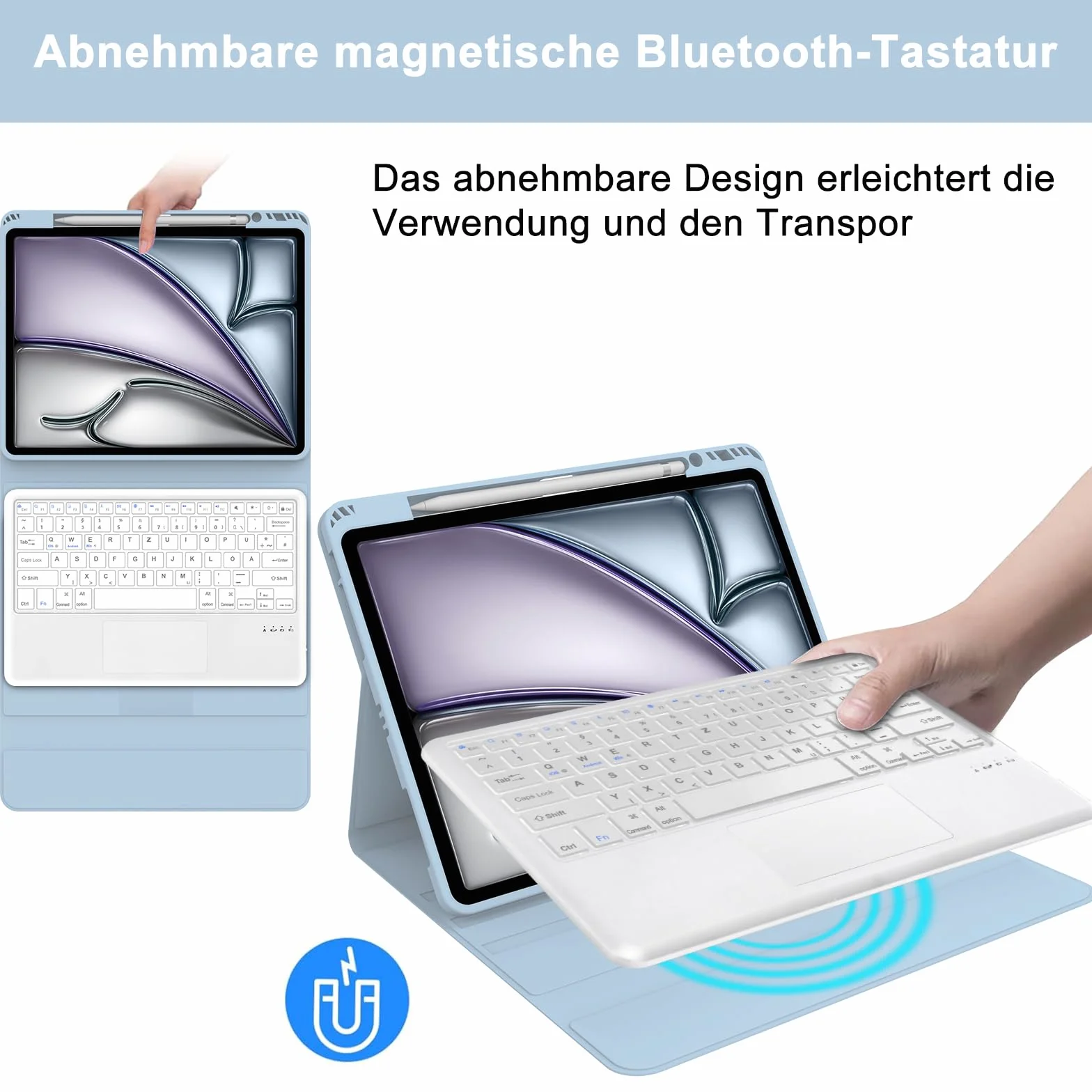 SENGBIRCH Etui na klawiaturę do iPad Air 13" (M3 2025/M2 2024) - niemiecka klawiatura touchpada QWERTZ, zdejmowana bezprzewodowa klawiatura Bluetooth do iPad Air 13" (M2) 2024, jasnoniebieskie