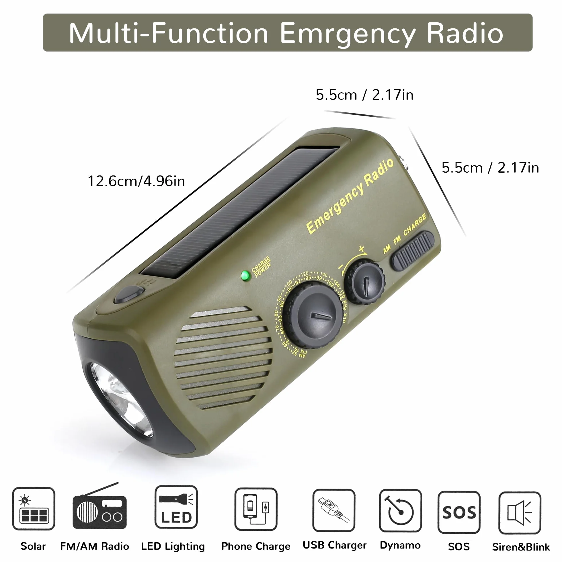 Awaryjne Radio Słoneczne, Przenośne z Korbą Ręczną AM/FM, Powerbank 1200 mAh, Alarm SOS, Latarka LED, Dynamo, Ładowarka USB do Telefonu, Na Kemping i Wędrówki
