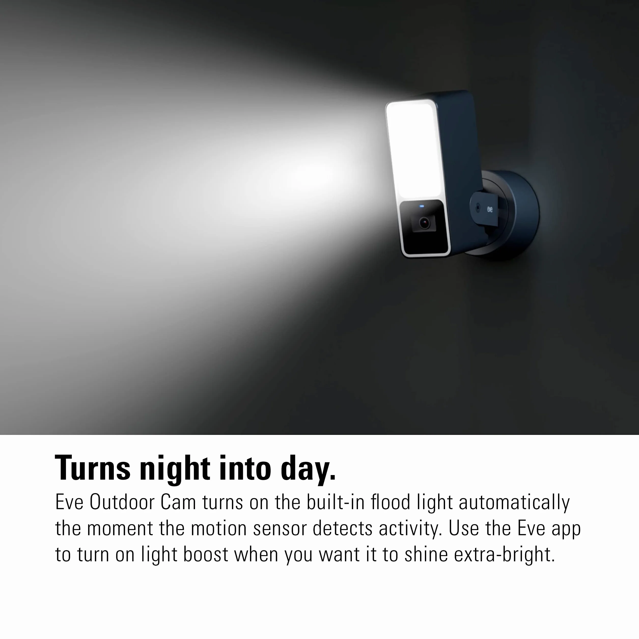 Eve Outdoor Cam - zewnętrzna kamera monitorująca z czujnikiem ruchu, reflektorem, noktowizorem, interkomem, elastyczną instalacją, WiFi, najwyższą ochroną danych dzięki Apple HomeKit Secure Video