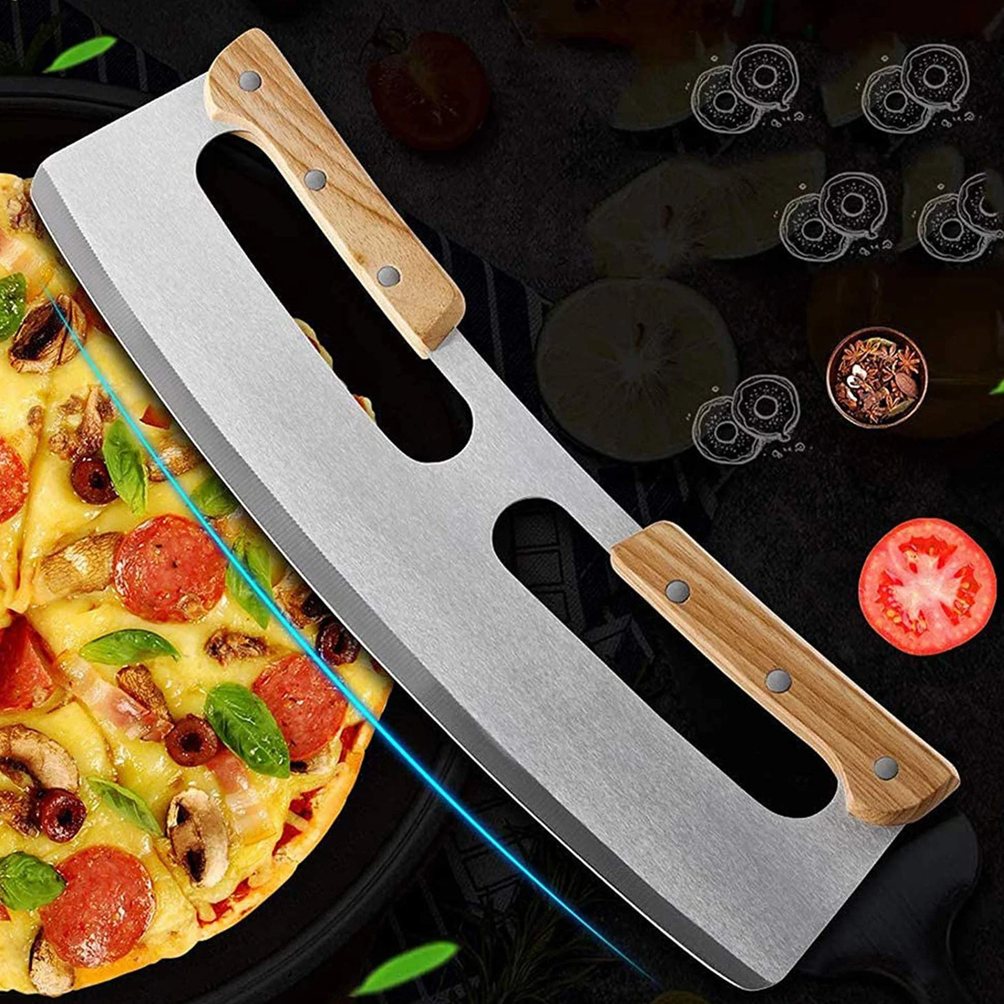 Nóż do pizzy bujany ze stali nierdzewnej 35cm z drewnianą rączką i pokrowcem ochronnym