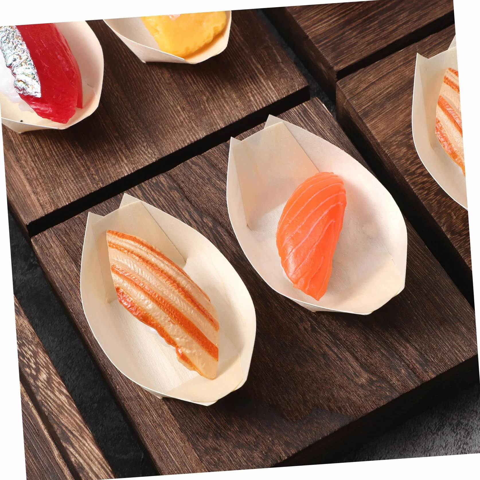 Cabilock 50 Szt. Mini Drewniane Łódki Sushi Jednorazowe Talerzyki Do Serwowania Przekąsek i Deserów Do Restauracji i Domu Wymiary