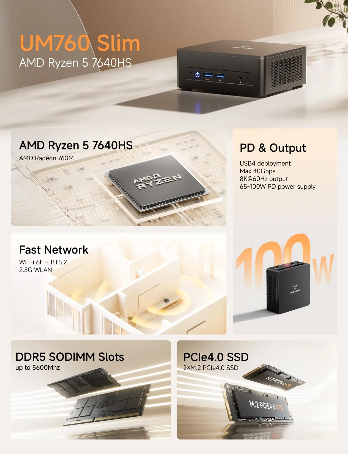 MINISFORUM UM760 Slim Mini PC, procesor AMD Ryzen 5 7640HS (6 rdzeni/12 wątków, do 5,0 GHz), 16 GB pamięci RAM DDR5 i dysk SSD PCIe 4.0 o pojemności 1 TB, 8K@60Hz HDMI 2.1/ USB4, WIFI6E/BT5.2