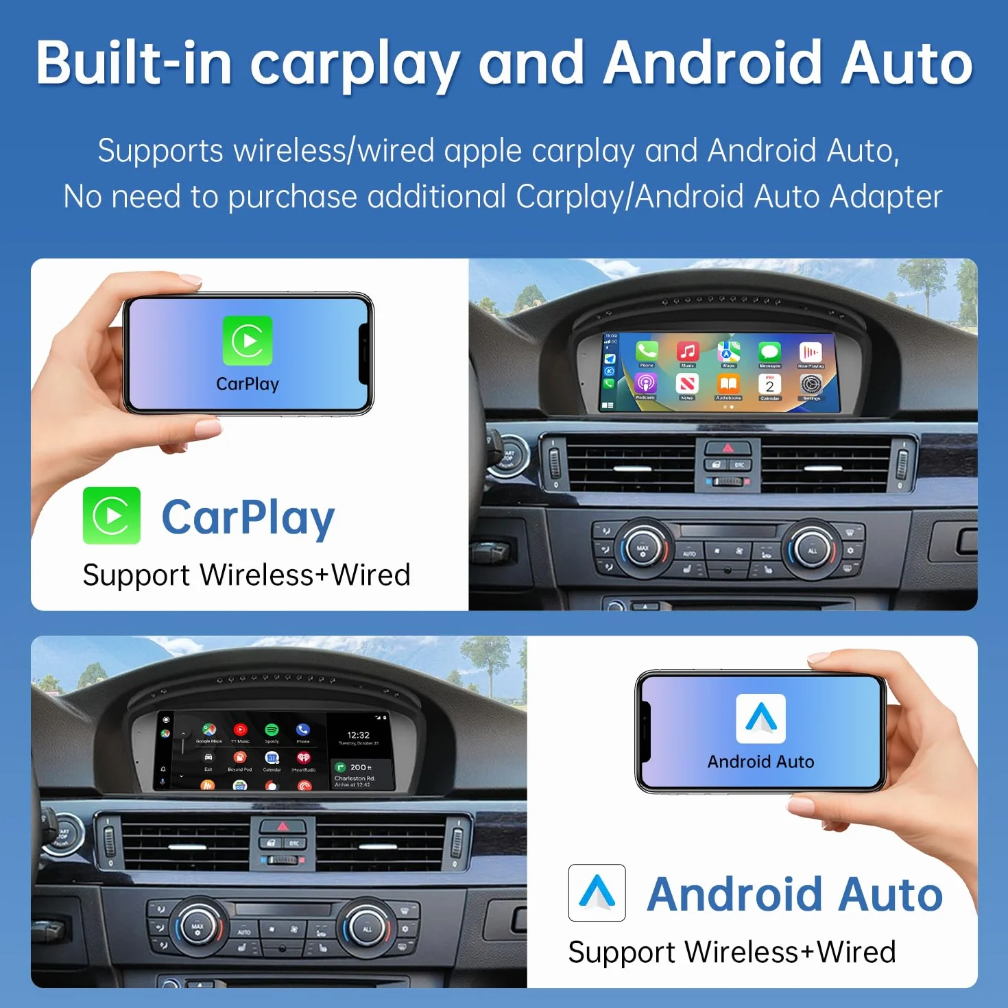 Road Top Ekran CarPlay, 8.9 calowe radio samochodowe stereo dla BMW 3er 5er E90/E91/E92/E93/E60/E61 2008-2013 Jaar met CIC Systeem, radio samochodowe z wąską ramką dla CarPlay/Android Auto/MirrorLink