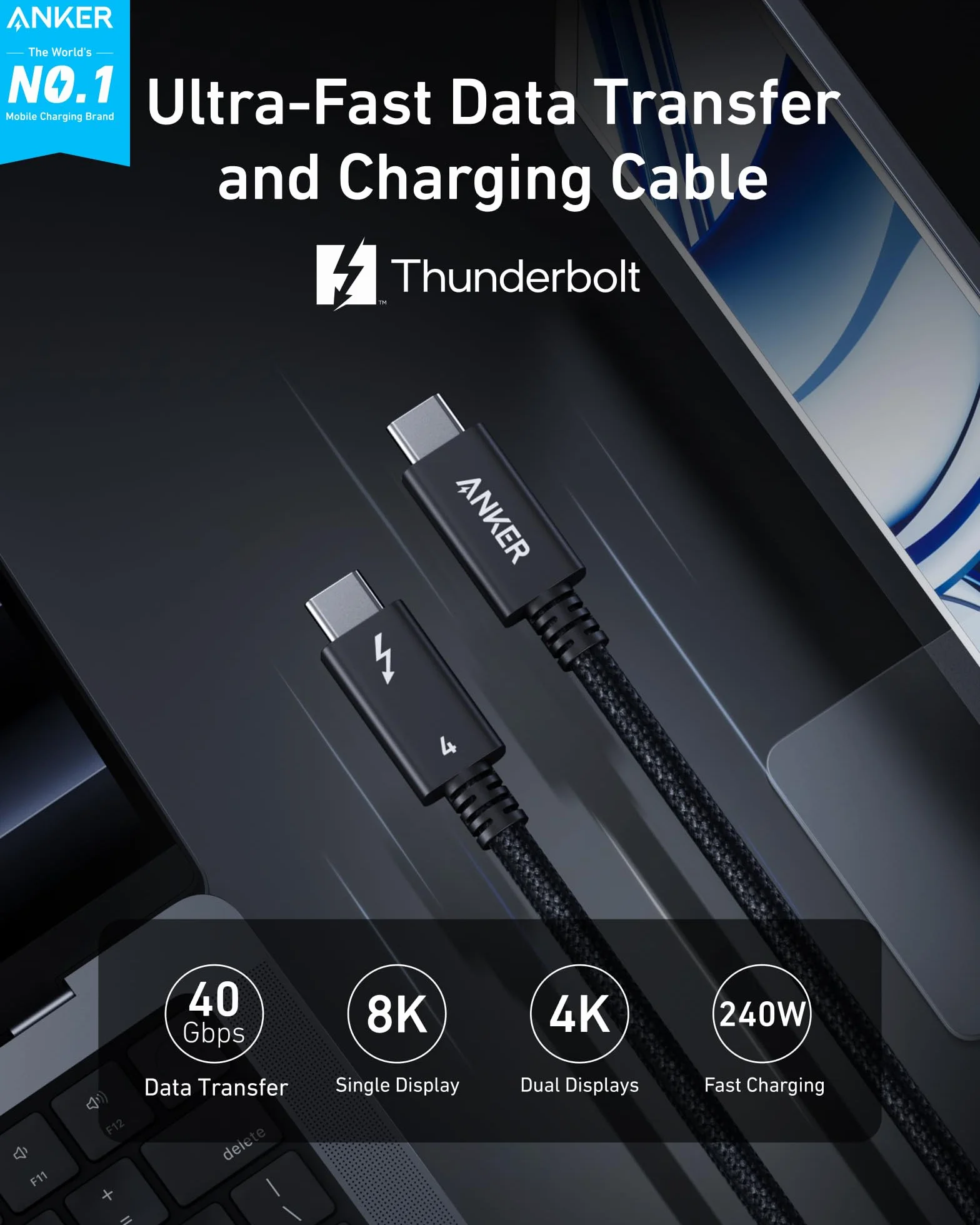 Anker Prime Thunderbolt 4 Kabel USB C na USB C, ładowanie 240 W, transfer danych 40 Gb/s, obsługuje wyświetlacze 8K/4K, do MacBooka Pro, iPhone'a 17/16/15, iPada Pro i innych