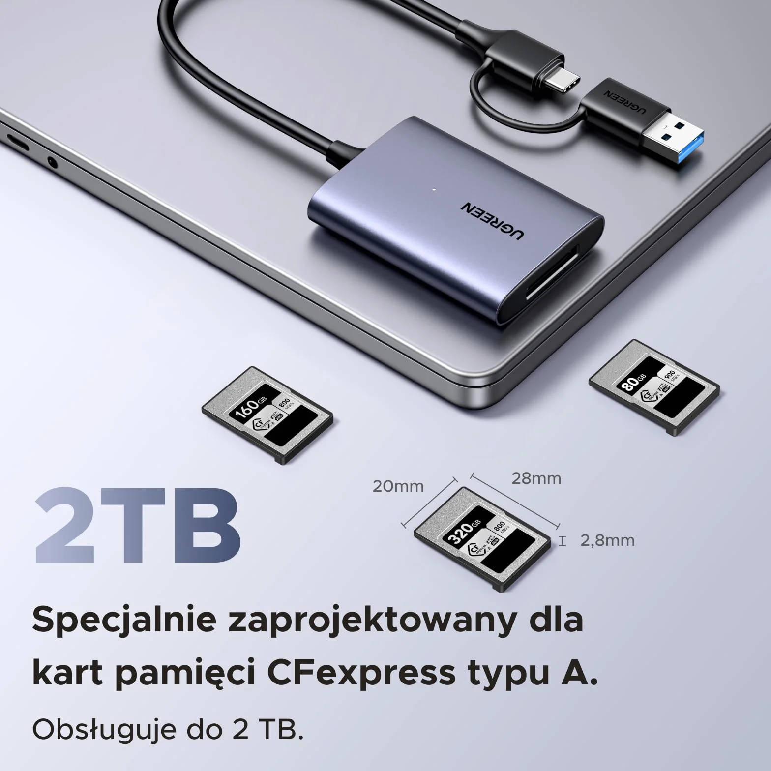 UGREEN USB-C na CFexpress Type A czytnik kart z portem USB-A i C, 10 Gb/s do 1250 MB/s, kompatybilny z kartami CFexpress B do filmów 8K, Mac, Windows, Linux, laptop, tablet, aluminiowa obudowa