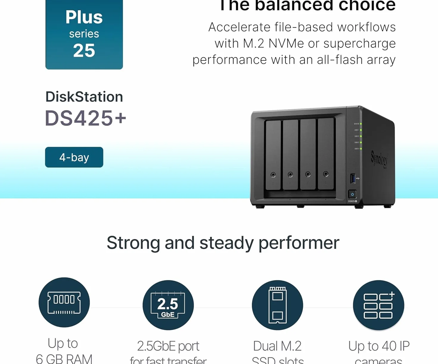 Synology DiskStation DS425+ NAS serwer pamięci masowej DDR4 0 TB Intel Celeron J4125 2 GB - Czarny