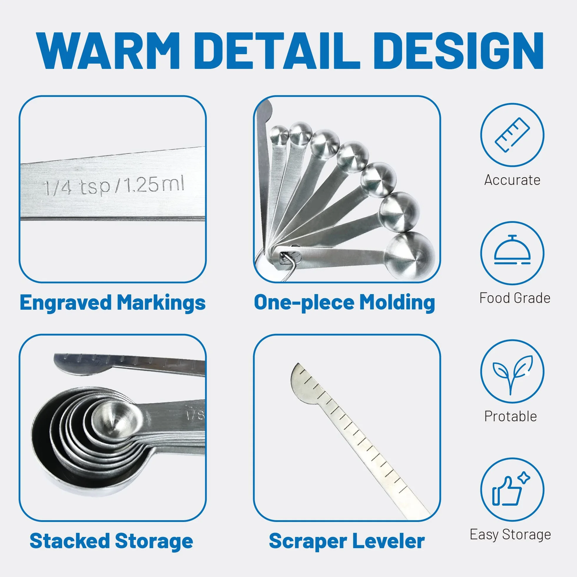 Measuring Spoons, Premium Heavy Duty 18/8 Stainless Steel Measuring Spoons Cups Set, Small Tablespoon with Metric and US Measurements, Set of 8 for Measuring Dry and Liquid Ingredients