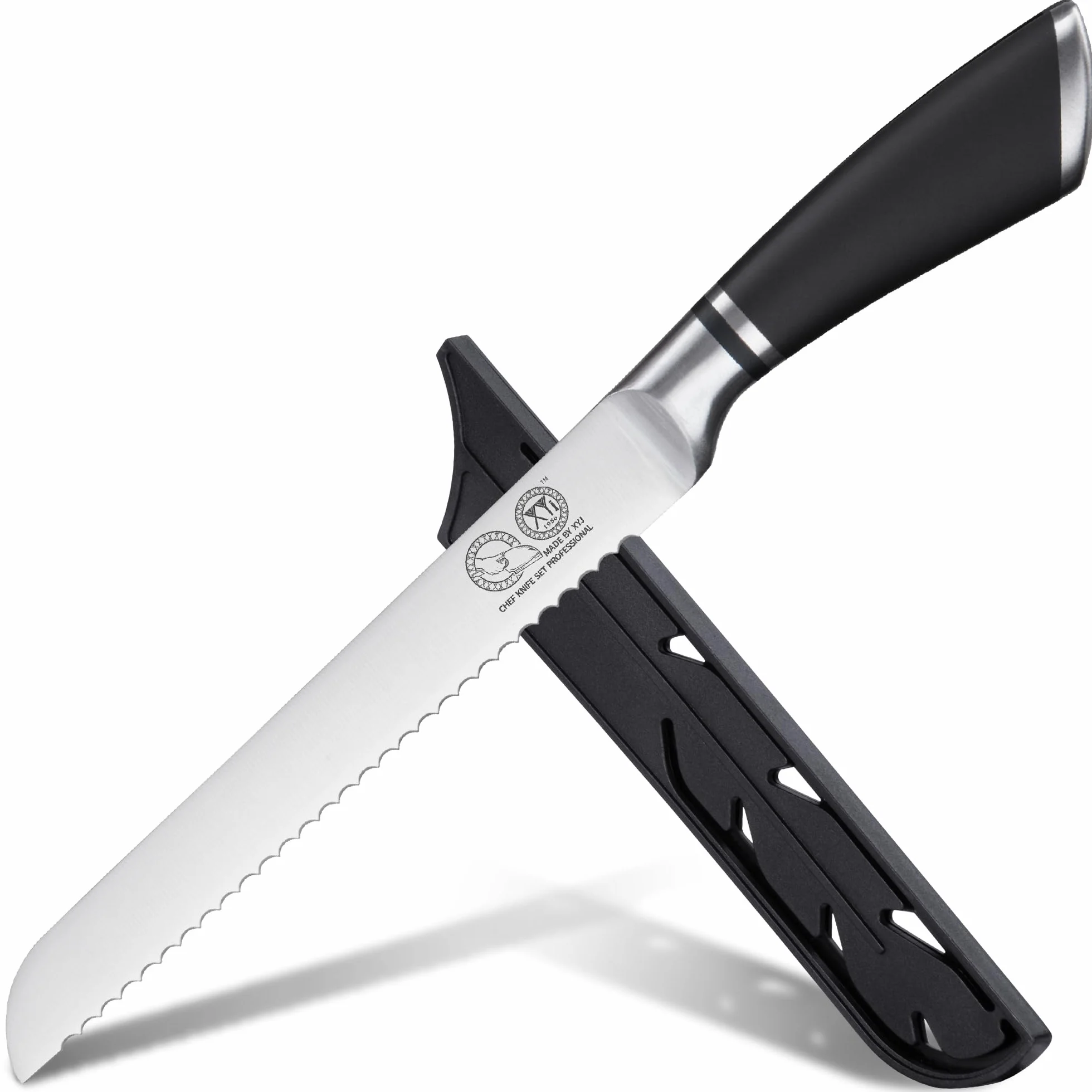 XYJ Authentic Since 1986, Serrated 8 Inch Stainless Steel Ultra Sharp Bread Knife, Ergonomic Handle, Kitchen Knife with Sheath