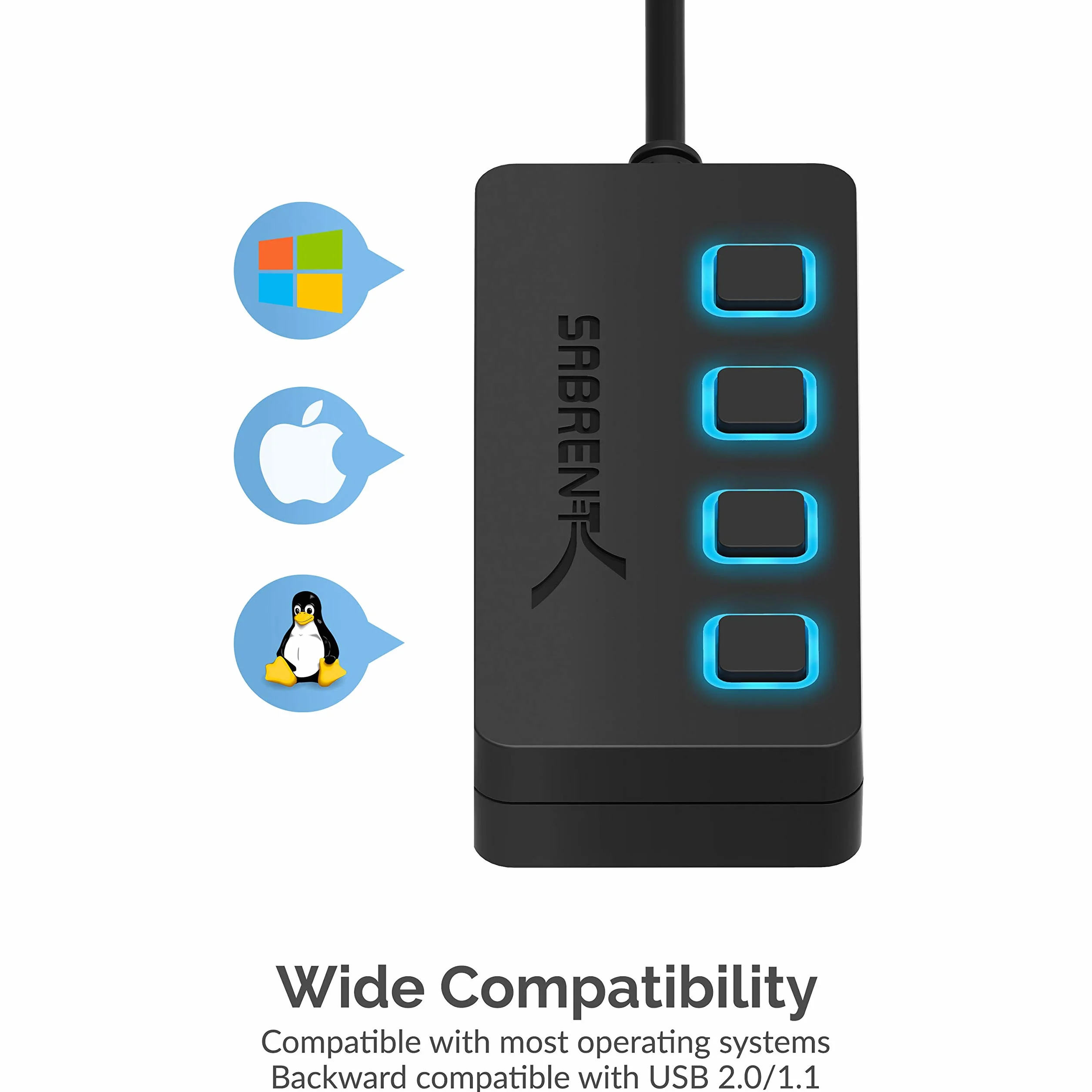 Sabrent HB-UM43 Koncentrator USB 3.0 z 4 Portami, 8,64 x 3,56 x 1,55 cm, Czarny/Niebieskie