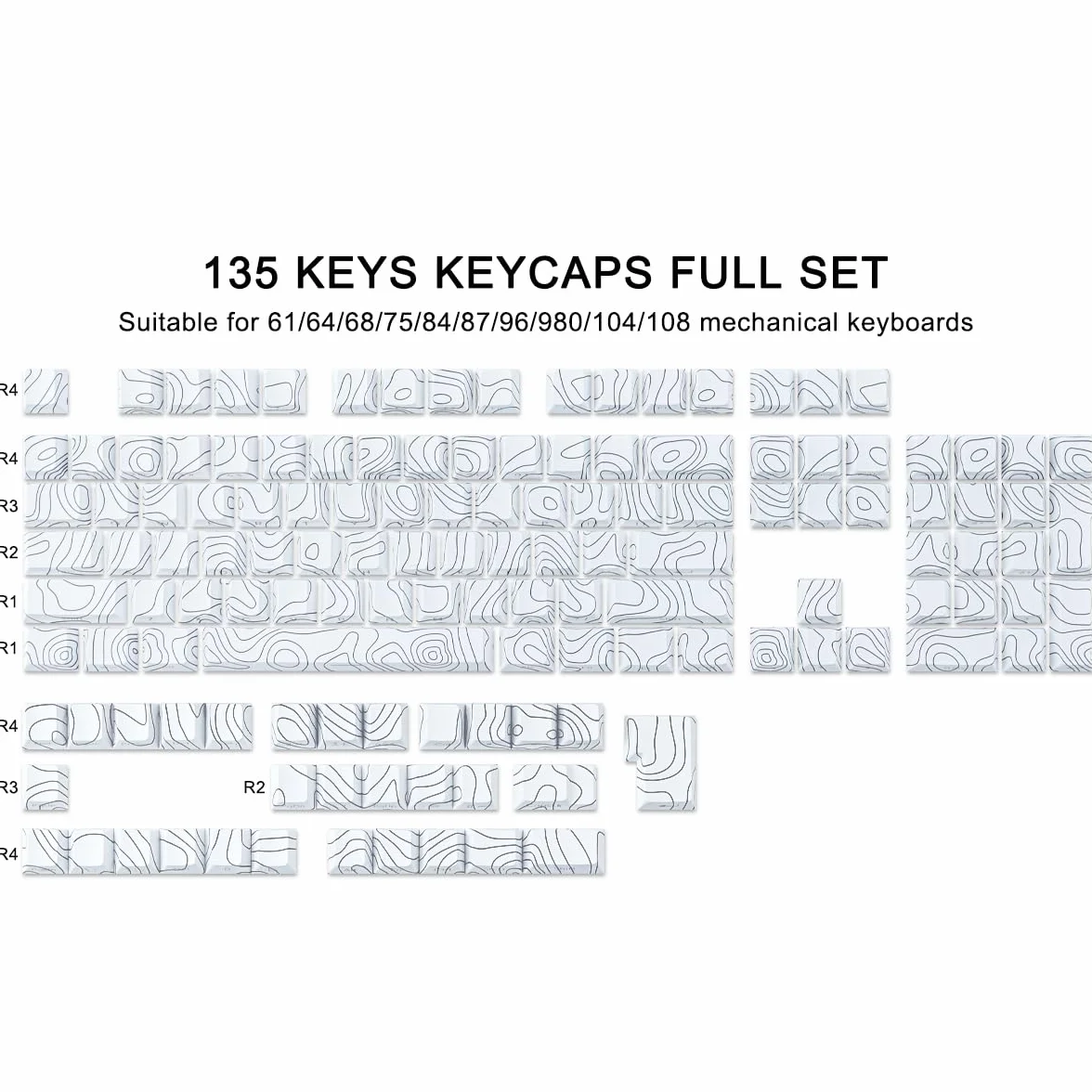 Sunzit Custom Keycaps zestaw 135 klawiszy PBT, Cherry Profile Dye-Sub White Topographic Keycaps do Cherry MX Switches ISO/ANSI UK, mechaniczna klawiatura gamingowa
