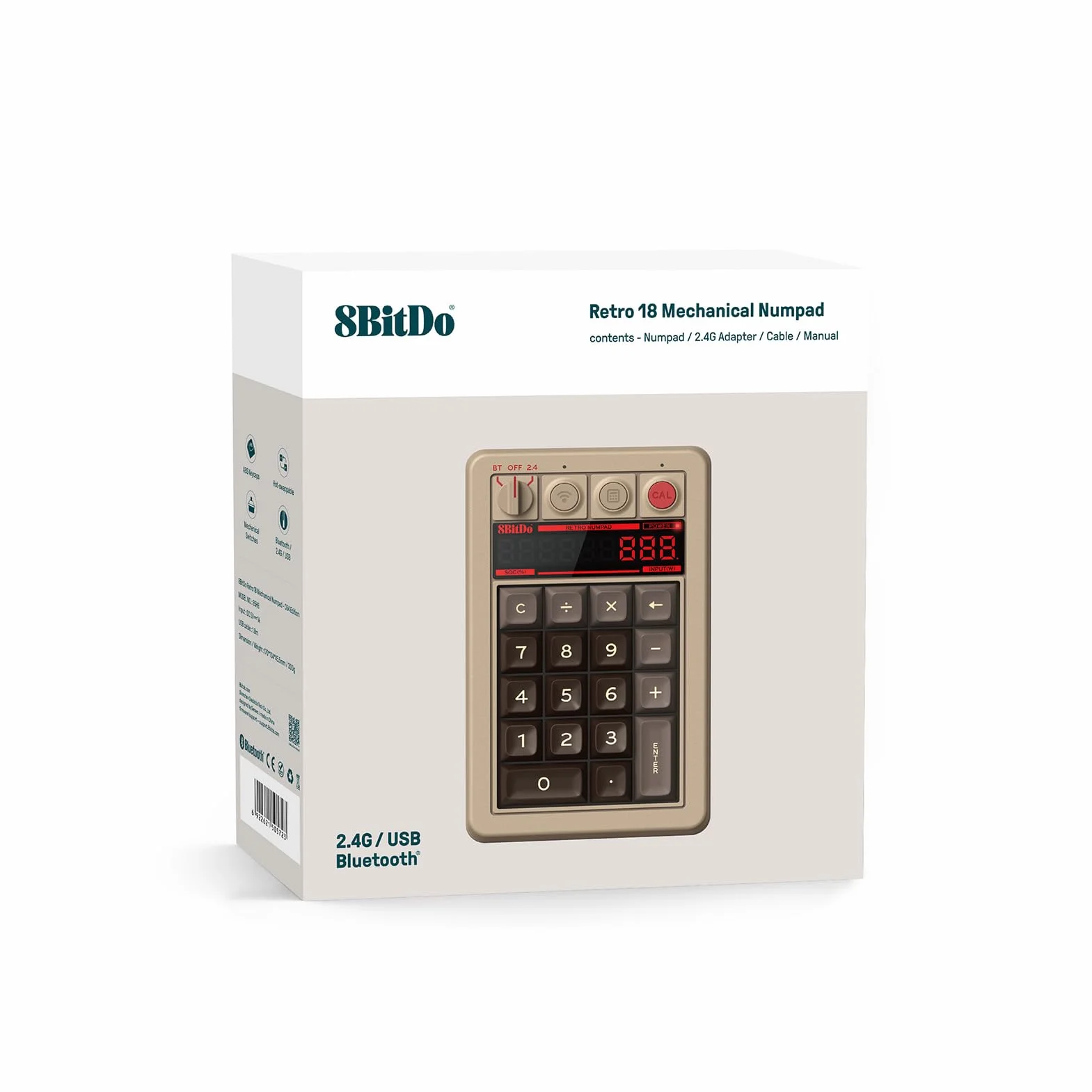 8BitDo Mechaniczna podkładka numeryczna retro 18, Bluetooth, 2,4G, przewodowa klawiatura numeryczna dla Windows i Android, edycja C64