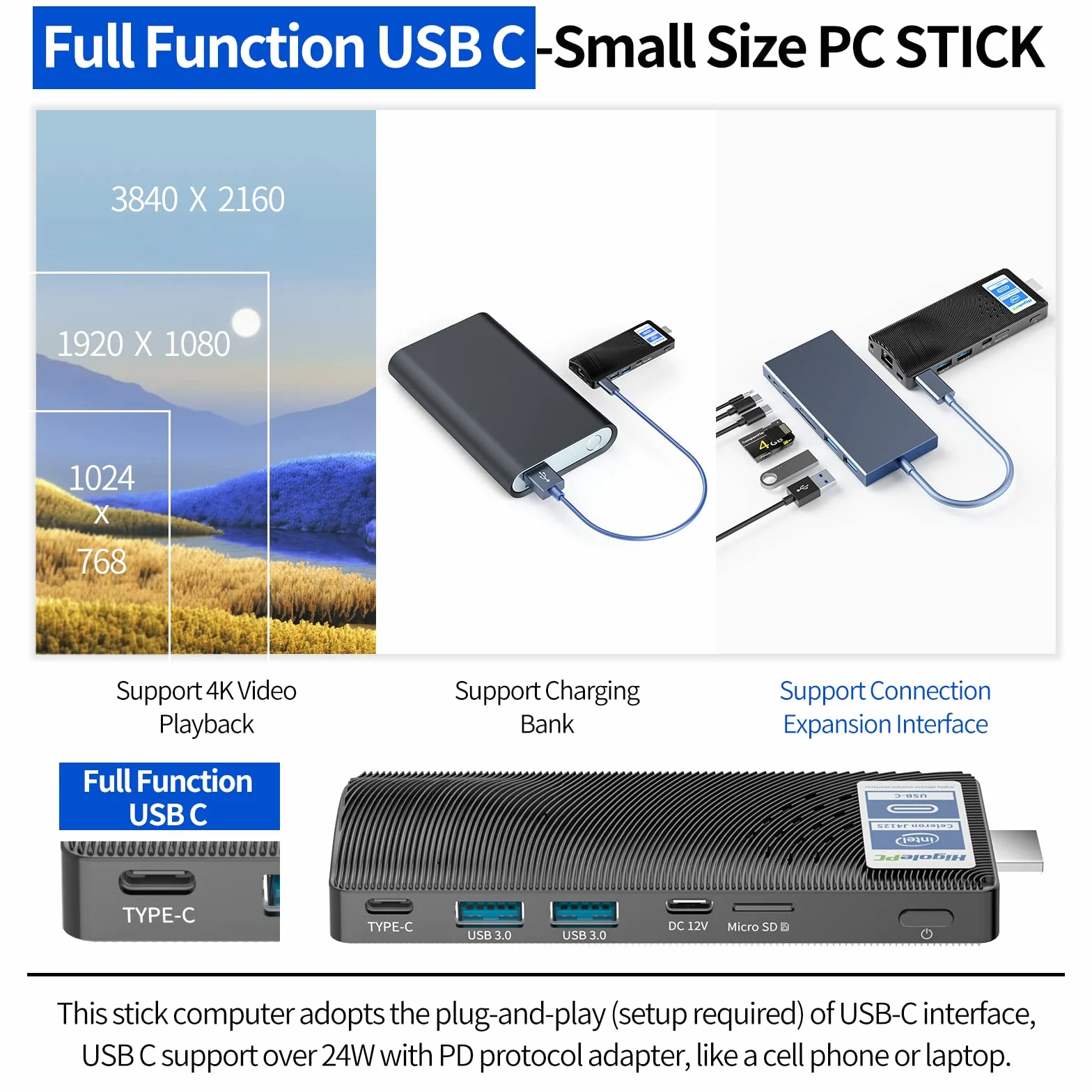 Mini PC Stick Win 11 Pro, mini komputer bez wentylatora, Celeron N4000 4 GB 64 GB eMMC 1.1 GHz, USB-C, USB 3.0 X 2, RJ45 Gigabit Ethernet 4K 60Hz, WiFi BT 5.0, HDMI 2.0 do domu, biura