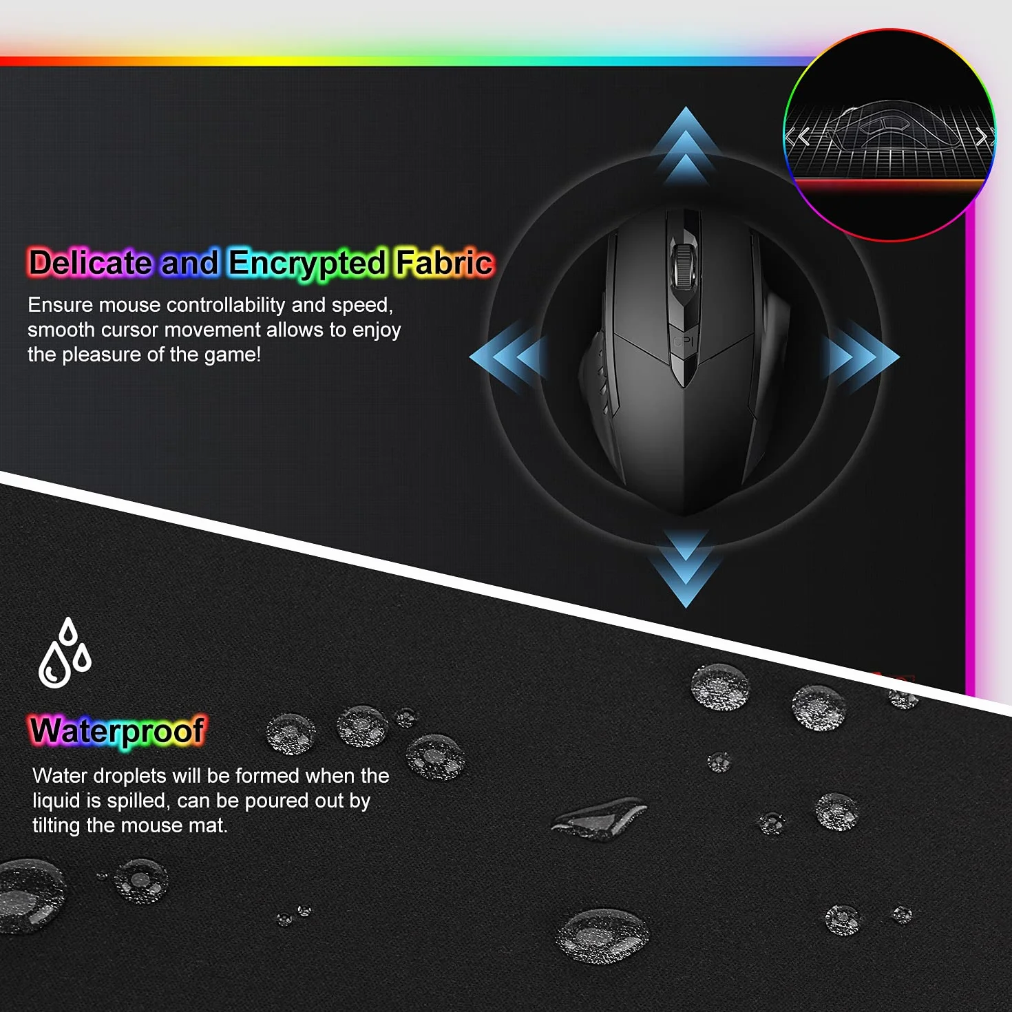 Podkładka pod mysz do gier RGB 800 x 300 mm XXL wodoodporna antypoślizgowa czarna