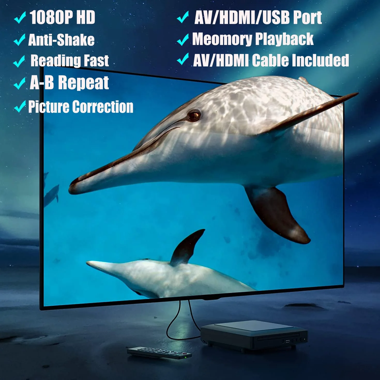 Ceihoit Mini odtwarzacz DVD, odtwarzacz CD/DVD do telewizora z wyjściem HDMI/AV, kabel HDMI/AV, obsługa HD 1080P z wbudowanym systemem PAL/NTSC
