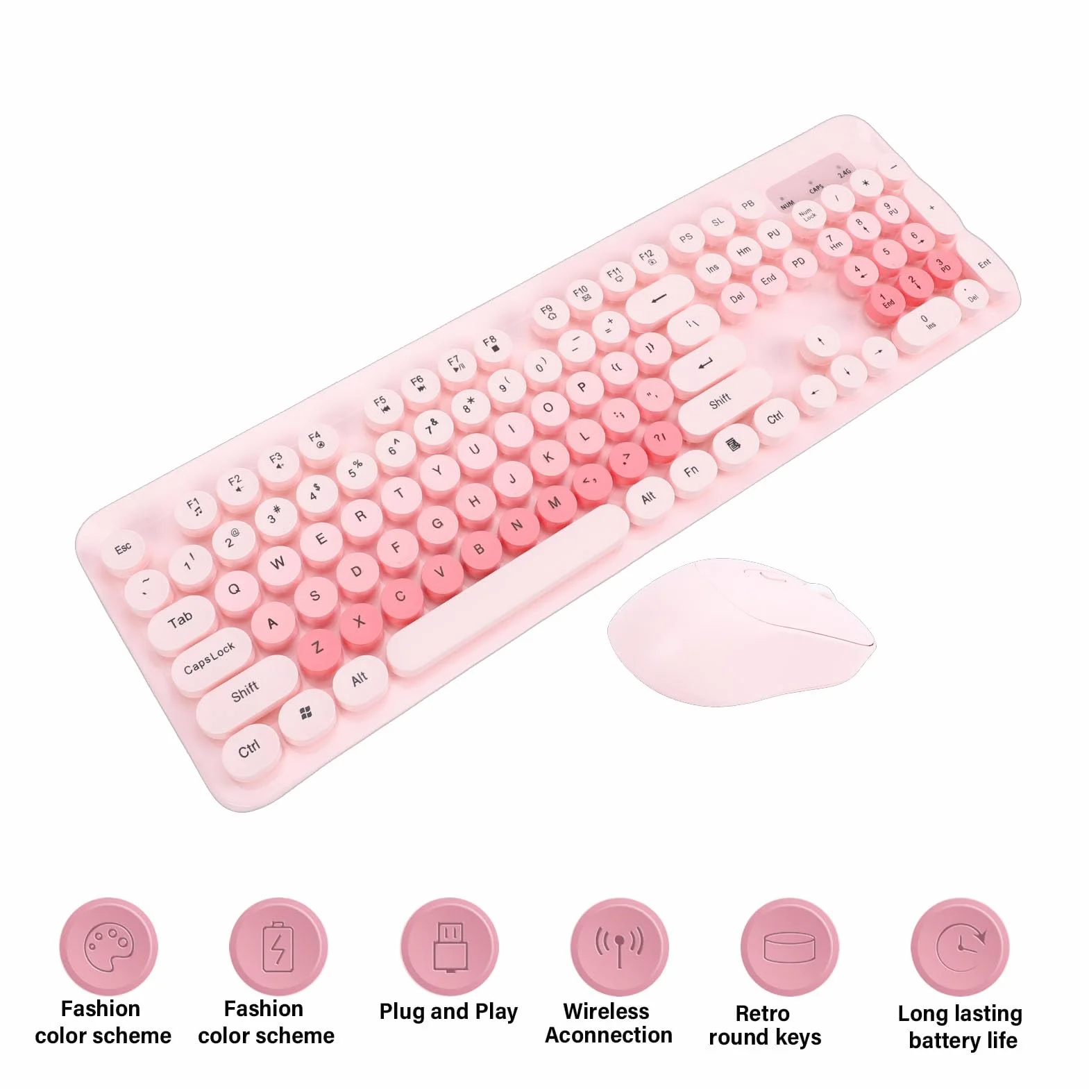 Topiky Bezprzewodowa Klawiatura i Mysz Retro 104 Czerwona Ciche Okrągłe Klawisze (PINK)
