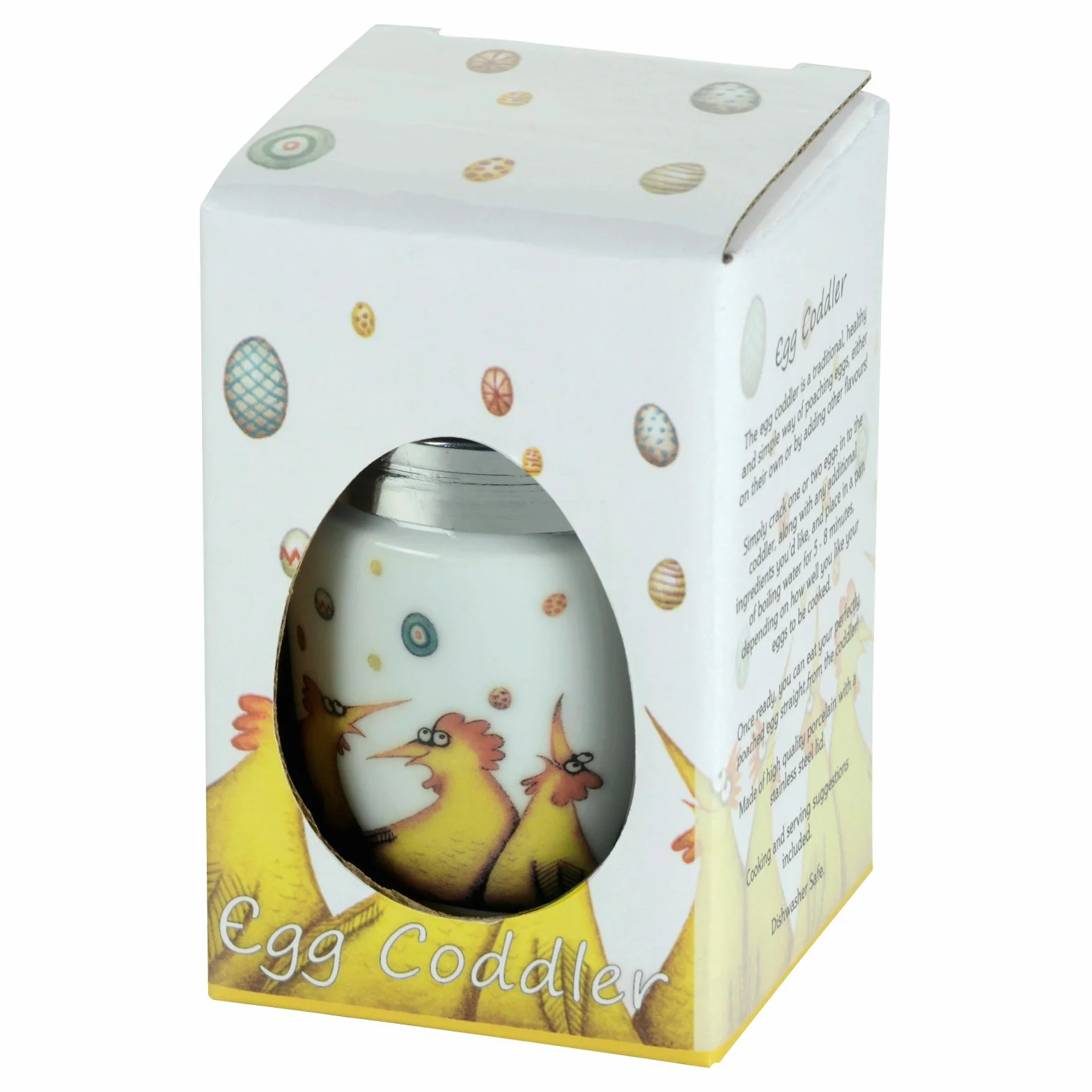 BIA International – porcelanowy zestaw 2 wielokolorowych porcelanowych kłusowników do jajek z deszczowymi jajkami autorstwa artystki Clare Mackie, kuchenny kocioł na jajka i kuchenka wielofunkcyjna