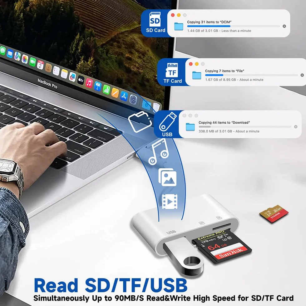 Czytnik kart USB C SD, TF Micro adapter kart pamięci z portem USB A do iPhone 15 16/iPad/Mac/Laptop typu C na aparat fotograficzny czytnik kart do iMac, iPad Pro Air Mini, Galaxy, MicroSD/SD