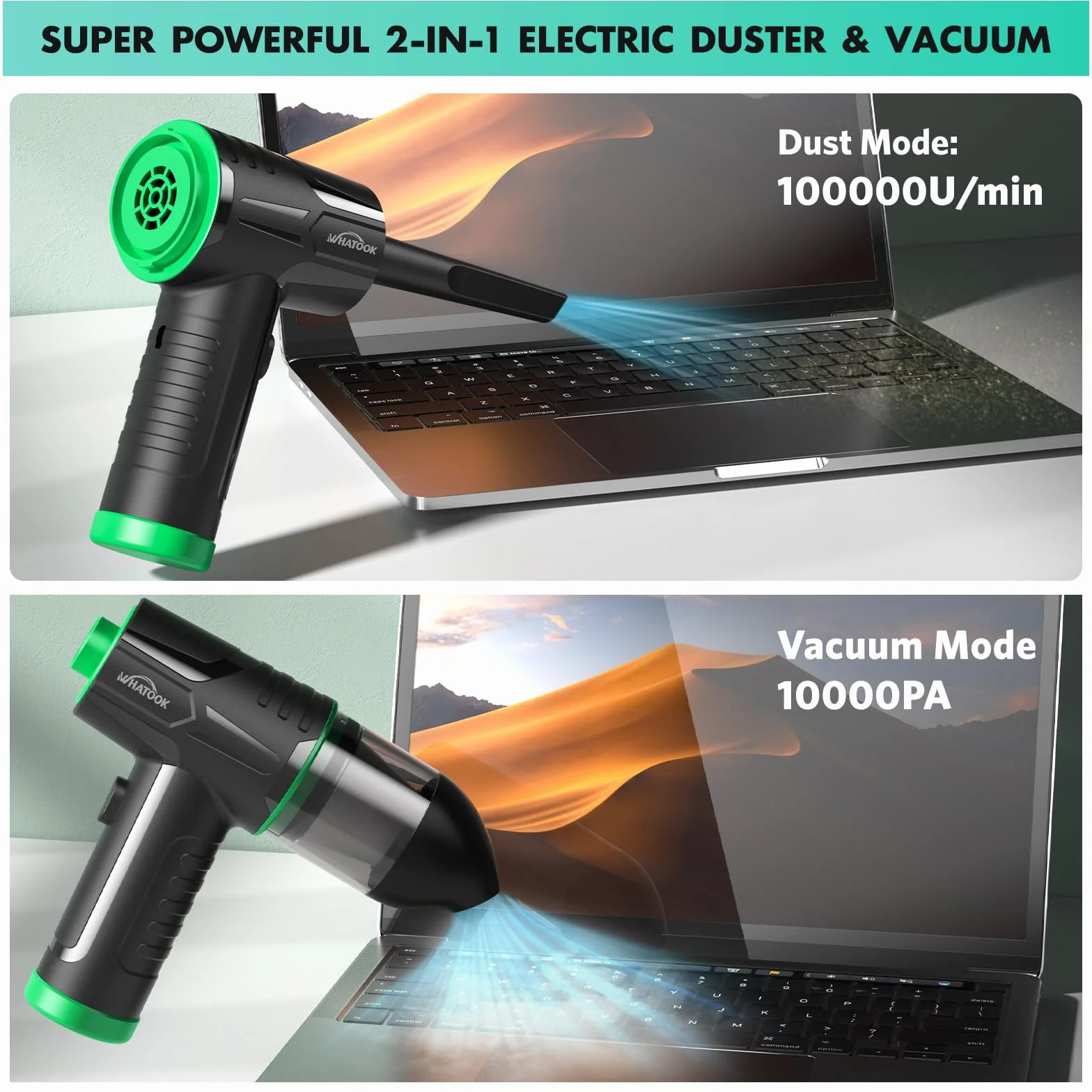 Elektryczna dmuchawa do kurzu, Bezprzewodowy odkurzacz do czyszczenia komputera， 3-biegowa dmuchawa Air Duster, wydajna 60 000 obr./min, z oświetleniem LED do komputera (Air Duster & Vacuum-Green)