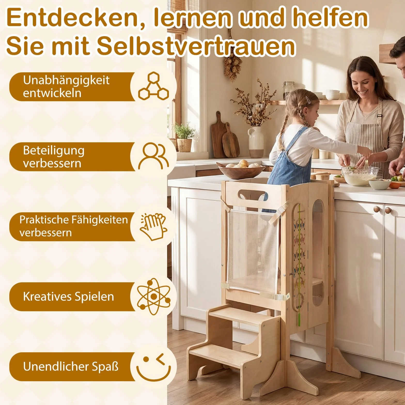COSTWAY Wieża edukacyjna 4 w 1, składana, taboret z drewna z 2-stopniowym taboretem, tablicą i zdejmowaną siatką zabezpieczającą, Learning Tower Montessori, stołek dla dzieci od 3 lat, kolor naturalny