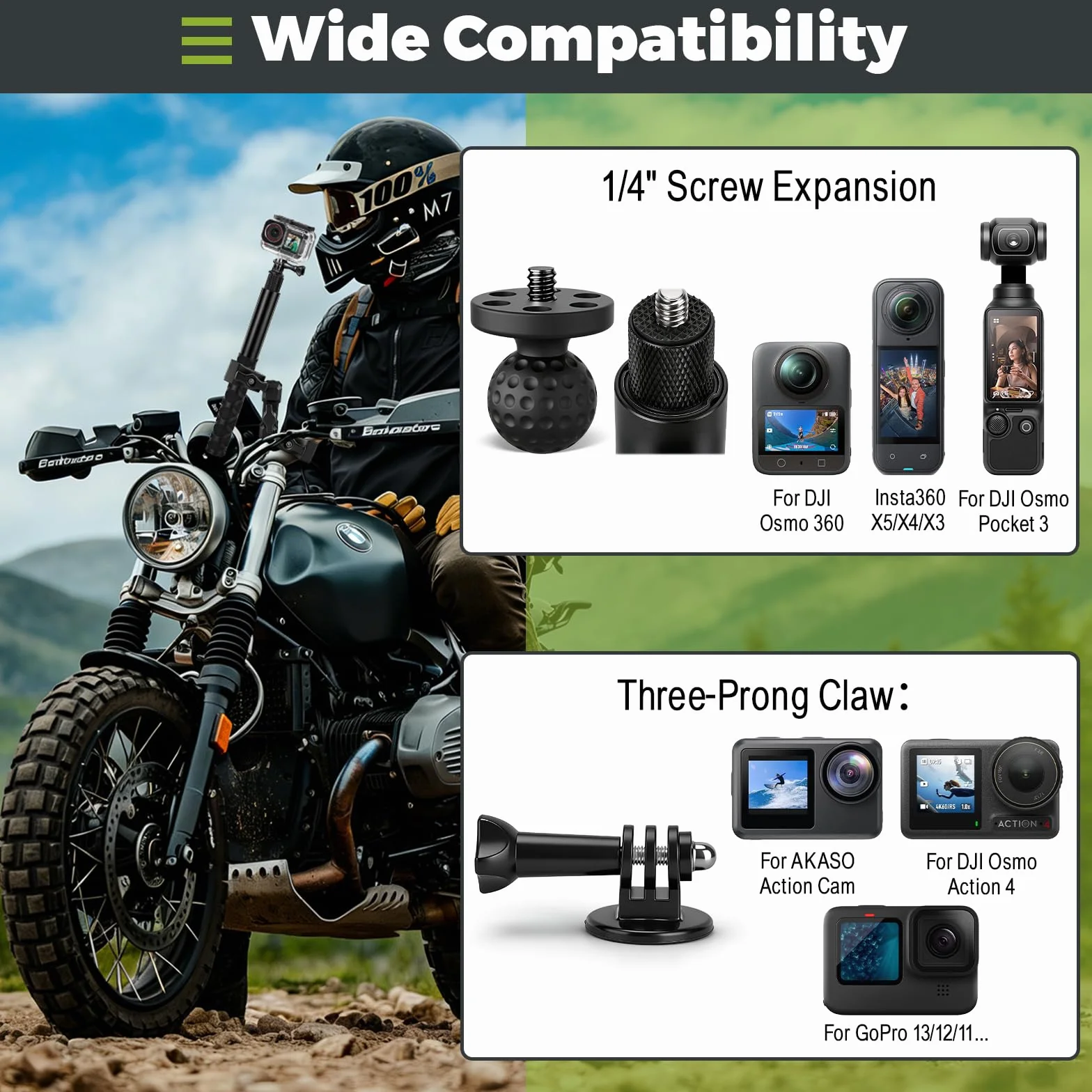 Uchwyt motocyklowy do Insta360 X5 X4, zestaw montażowy na kierownicę rowerową, 120 cm, niewidoczny kijek do selfie, podwójny zacisk, akcesoria do aparatu Insta 360 X5 X4 X3 ONE X2 GoPro Hero 13 12 DJI
