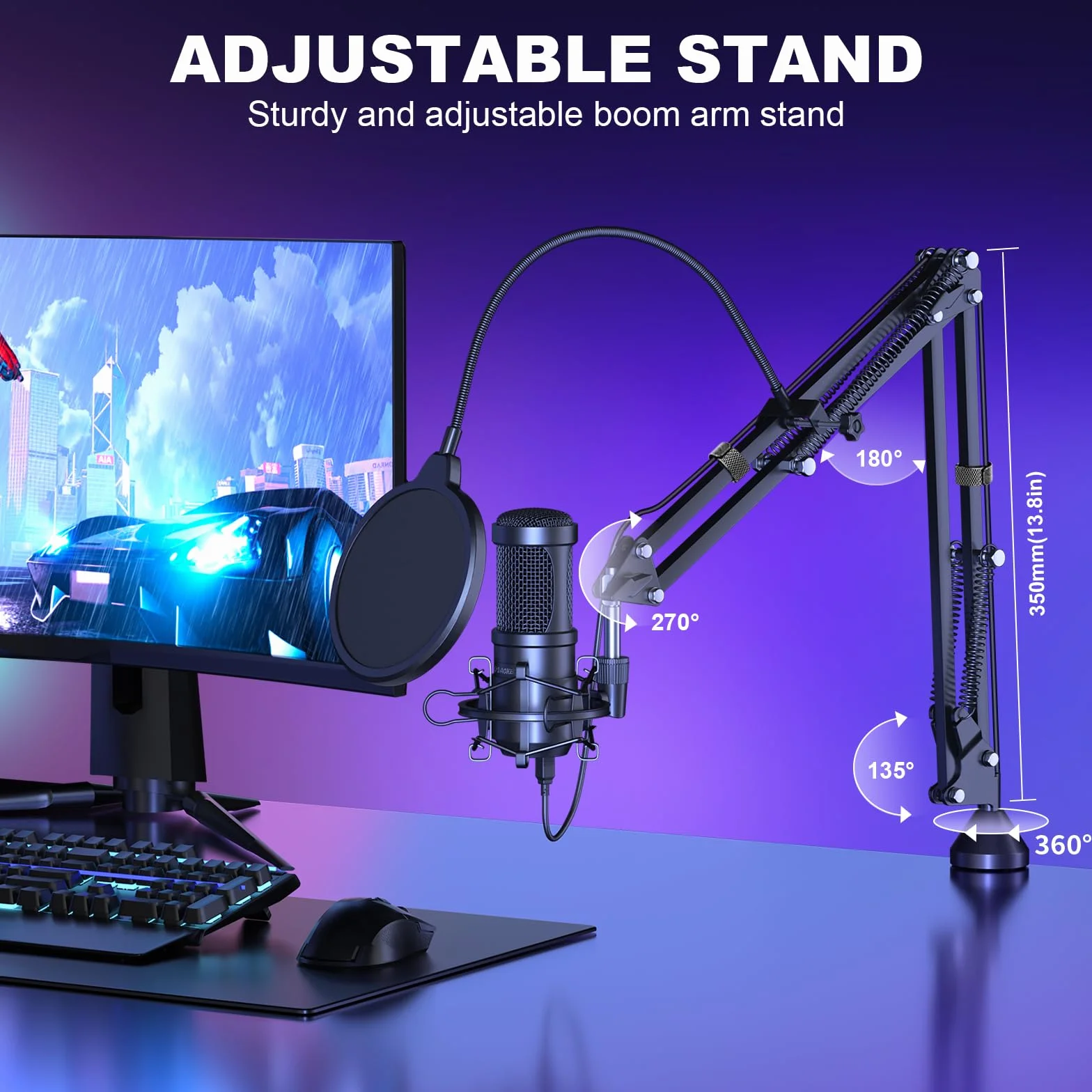 Aokeo AK-60 Mikrofon USB, 192 kHz/24-bit, do gier PC, ze stojakiem na ramię, uchwytem amortyzującym, filtrem pop, osłoną piankową, do podcastów, przesyłania strumieniowego, studia, karaoke, nagrywania