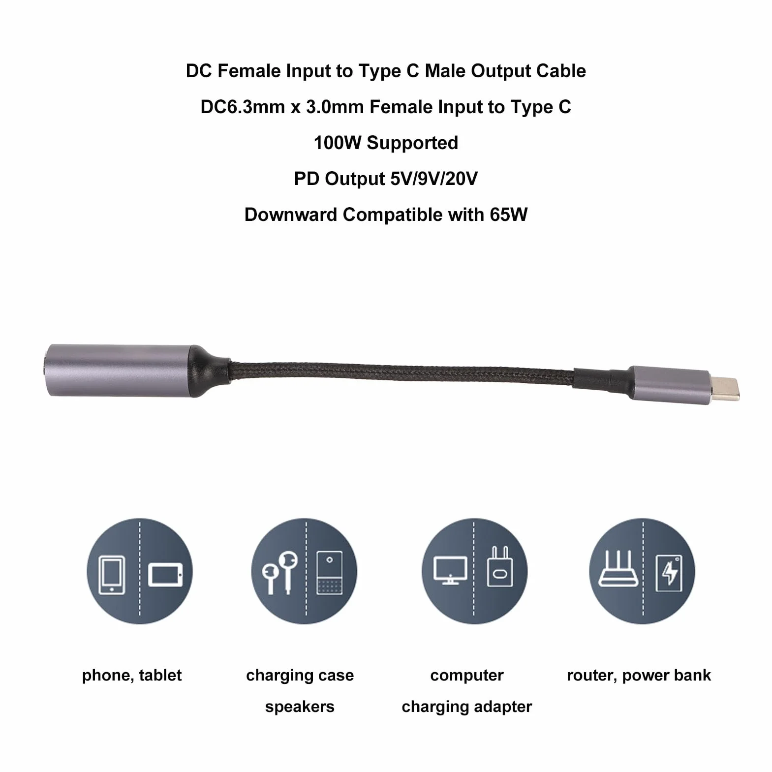 Adapter DC na USB C, 100 W PD DC 4,5 Mm X 0,6 Mm Wejście żeńskie na Męski Kabel ładujący USB C, Kabel DC4506 na Typ C do Telefonów, Tabletów, Laptopów