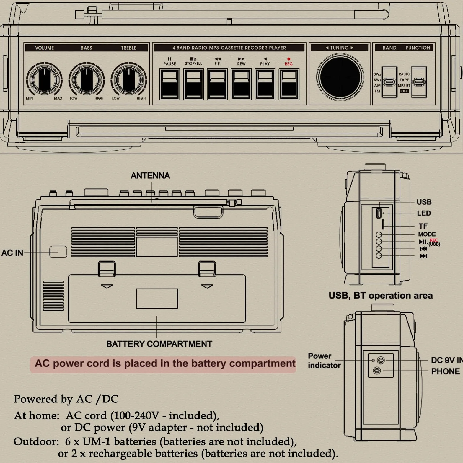 Boombox w stylu retro Classic w stylu lat 80., odtwarzacz kasetowy z radiem AM/FM/SW, Bluetooth, USB, gniazdo słuchawkowe, 24 W, głośniki Dual Full-Range High-Bass