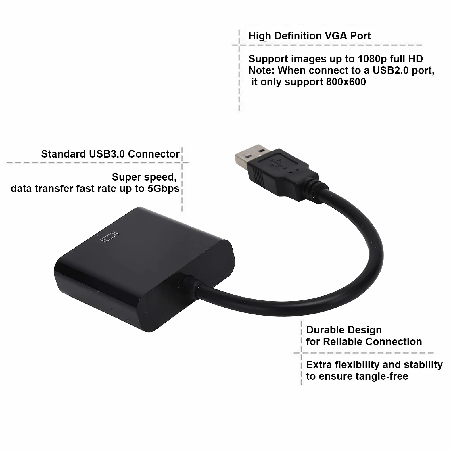 Adapter USB na VGA 15-pinowy żeński Konwerter USB 3.0 na VGA Obsługa 1080 Przy 60 Hz dla dla Systemu 10 Komputer Stacjonarny Laptop Monitor Komputera Projektor Telewizor
