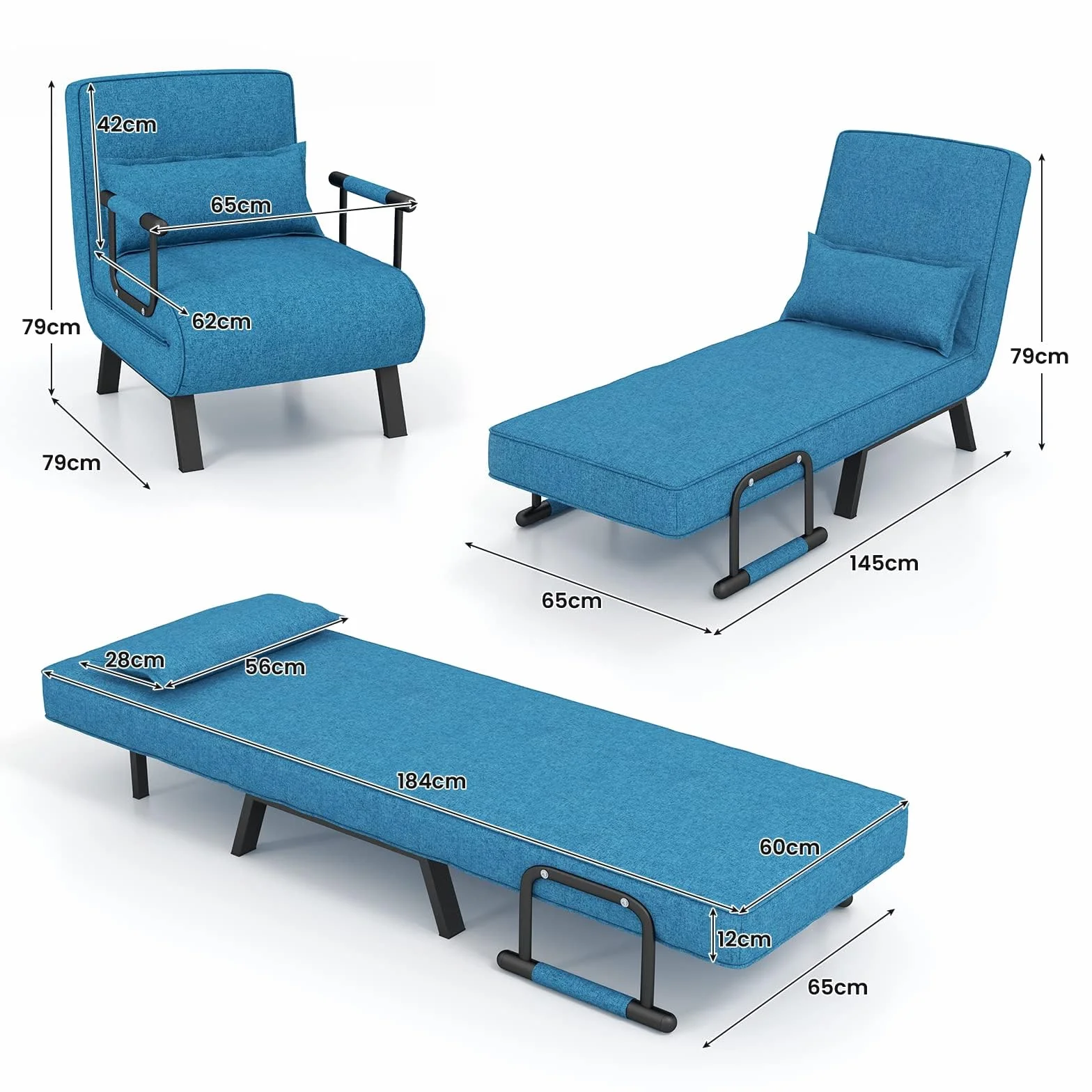 COSTWAY 4 w 1 rozkładana sofa z funkcją spania, rozkładana sofa z regulowanym oparciem i zdejmowaną poduszką, rozkładany fotel, rozkładana sofa, rozkładana sofa z metalową ramą, obciążenie do 150 kg (