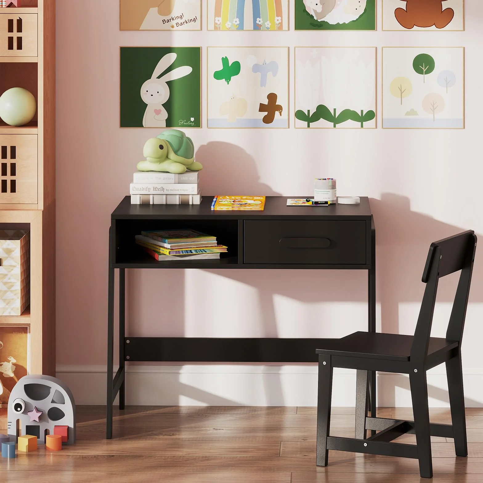 COSTWAY Biurko dziecięce z krzesłem, zestaw z drewna, biurko młodzieżowe z szufladą i półką, biurko dla dzieci od 3 lat, 85 x 46 x 70 cm (czarne)