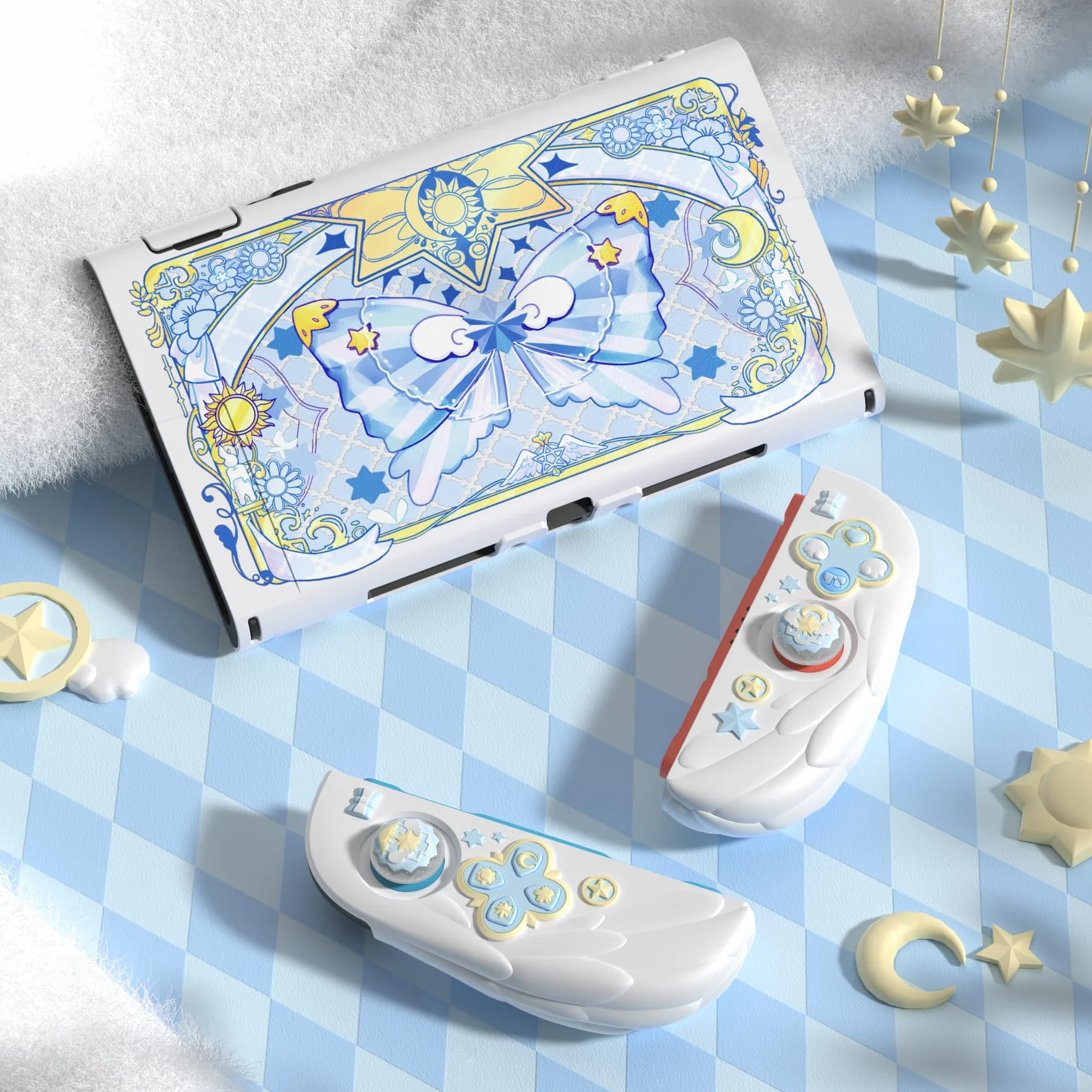 PlayVital Etui na Konsolę do Switch 2 Akcesorium z Silikonowymi Osłonami Joycon & Nakładkami na Joysticki do Switch 2,Dockowalne Ochronne-Biały, Styl Magiczne Skrzydła