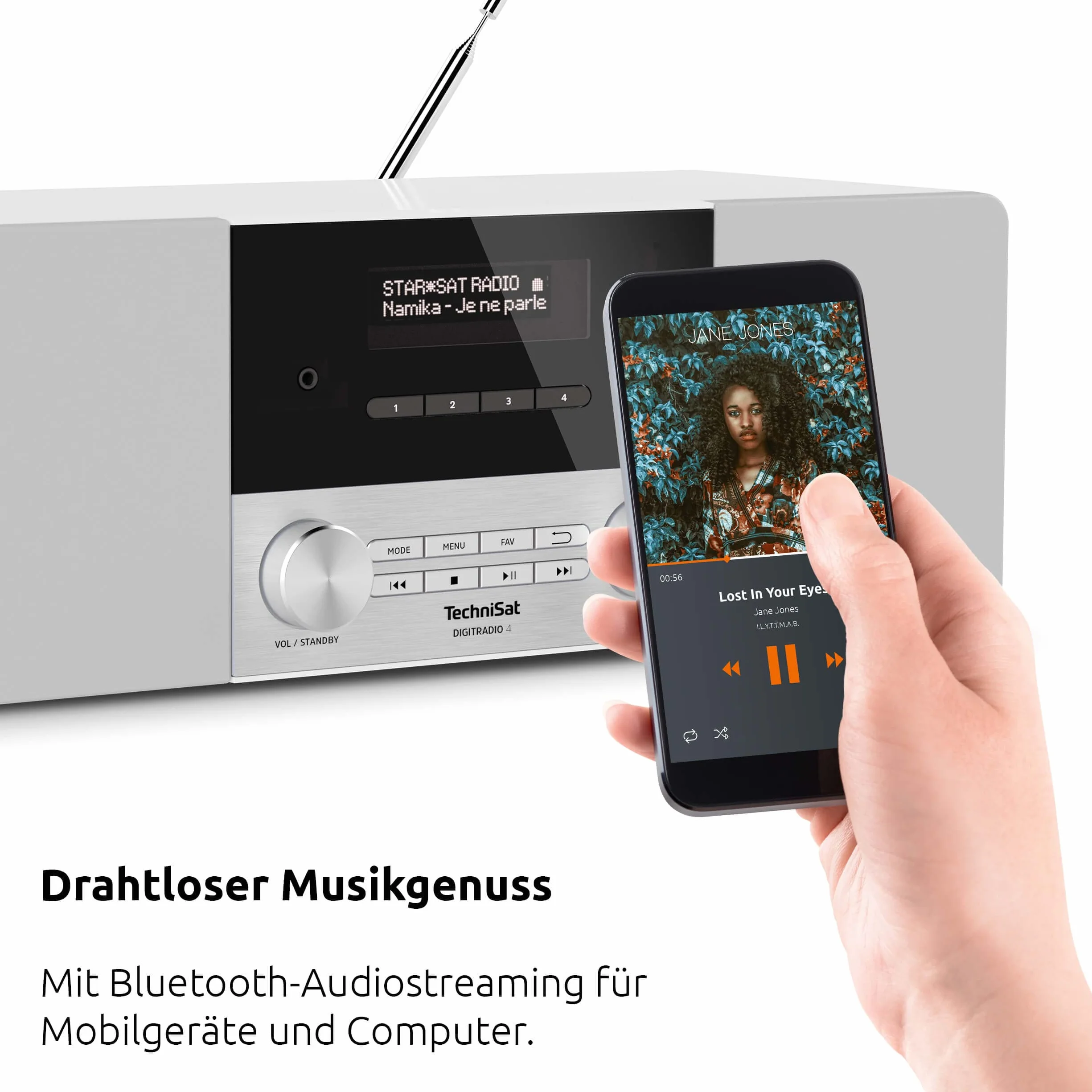TechniSat DIGITRADIO 4 - Stereofoniczne radio DAB (DAB+, FM, Bluetooth audio streaming (odbiór), gniazdo słuchawkowe, wejście AUX, radiobudzik, wyświetlacz OLED, 20 W RMS, głośnik Elac) biały