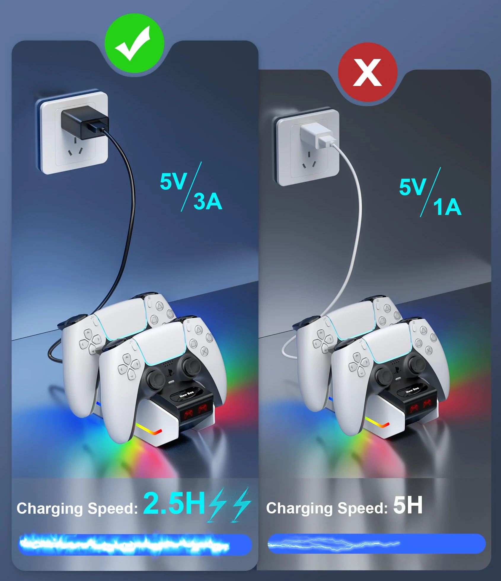 Rapid PS5 Controller Charger RGB Light Stacja ładująca DualSense do kontrolerów Sony Playstation 5 z kablem USB-C