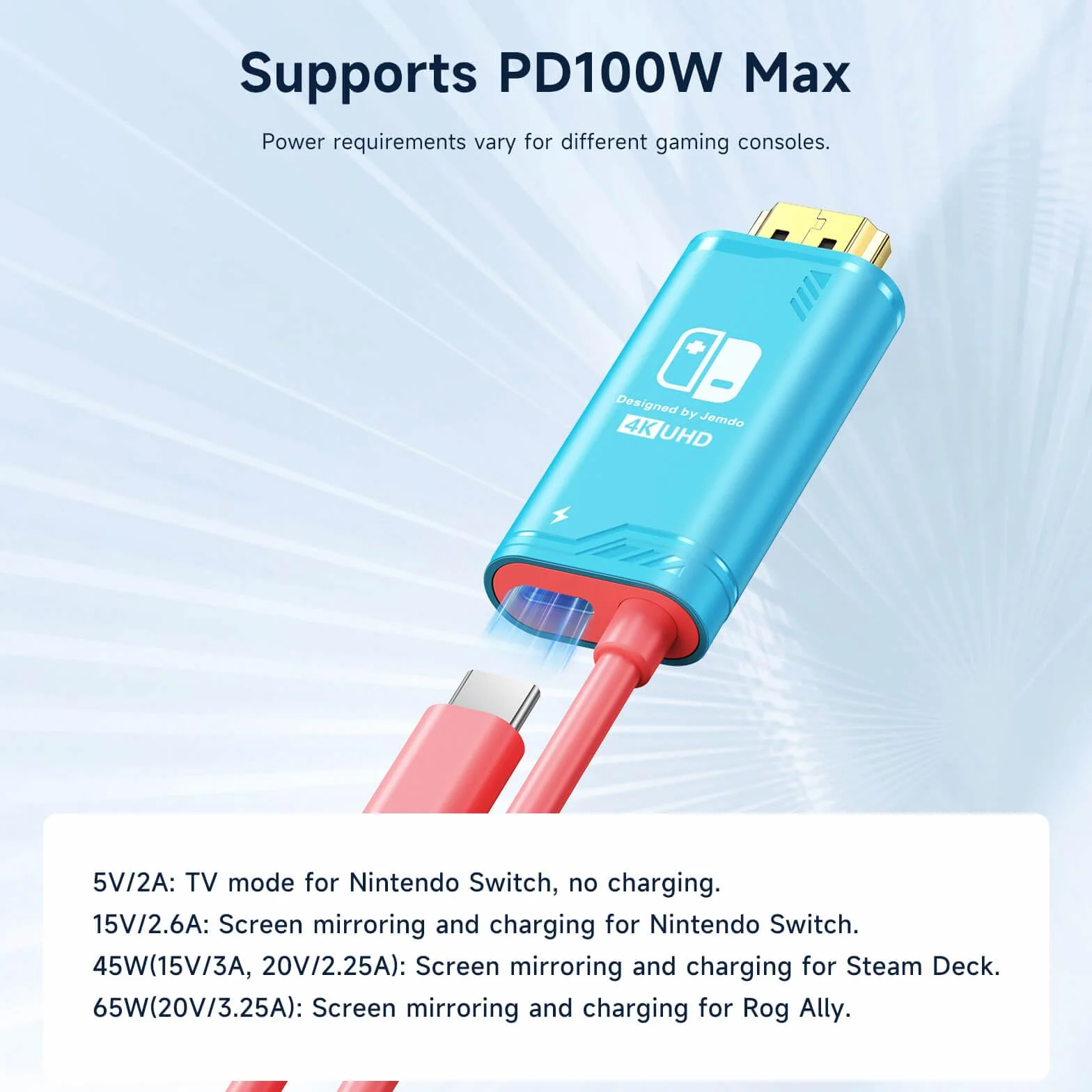 JEMDO Kabel USB C na HDMI 3 m 4K 30 Hz kompatybilny z Nintendo Switch Steam Deck laptop telefon