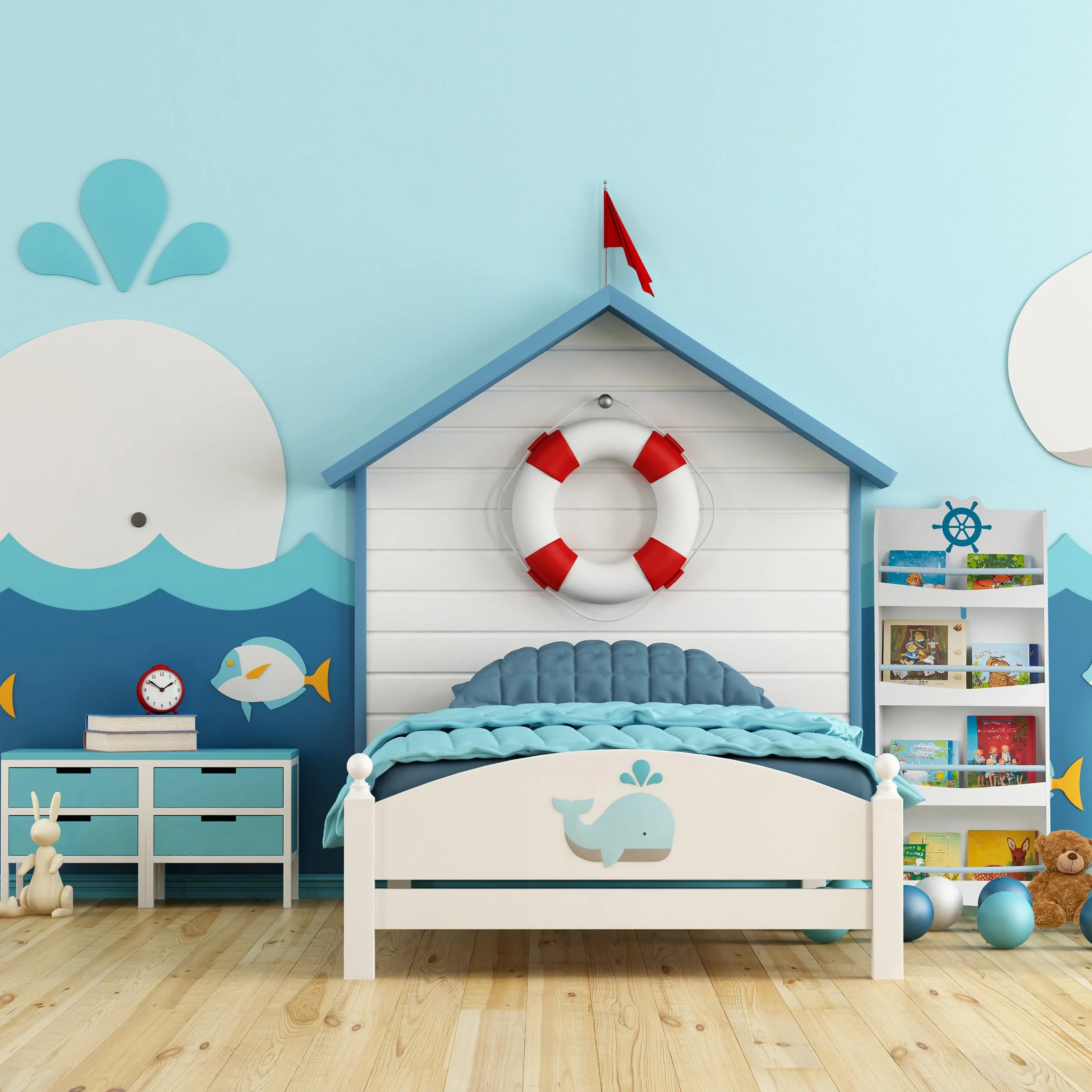 Relaxdays Regał na książki dla dzieci, wys. x szer. x gł.: 124 x 50,5 x 15 cm, 4 półki, MDF, morski regał na książki dla dzieci, biały/niebieski