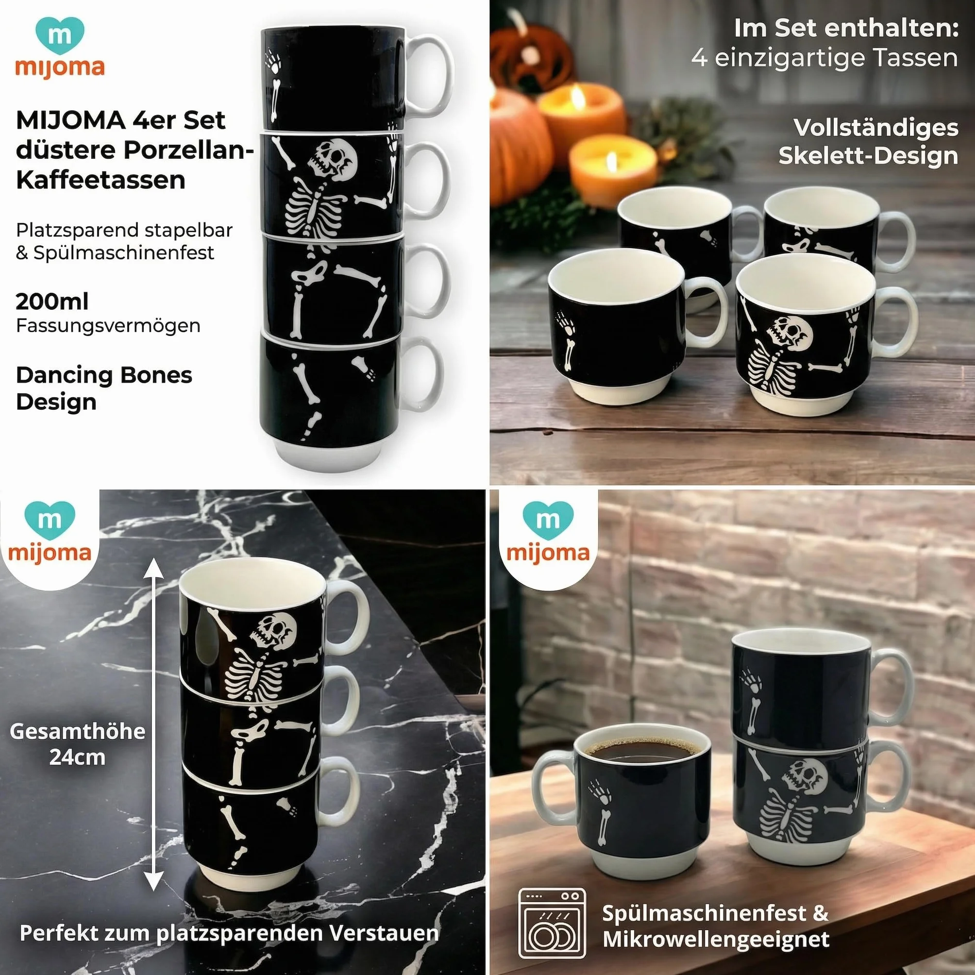 MIJOMA zestaw porcelanowych filiżanek do kawy 200 ml 4-częściowy zmywarka