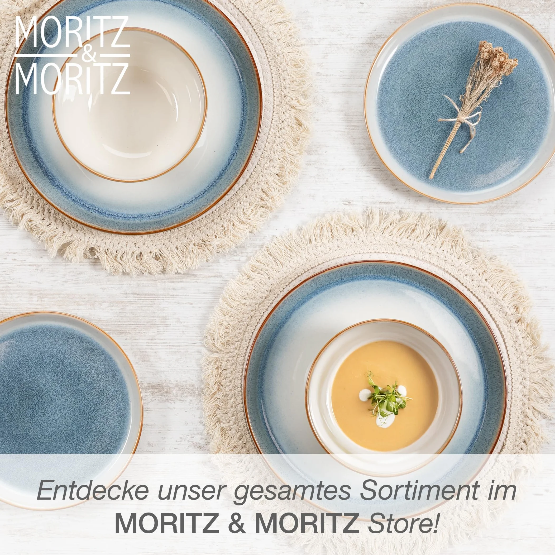 Moritz & Moritz TARENTO 24-częściowy zestaw naczyń dla 6 osób, niebieski – elegancki zestaw talerzy z wysokiej jakości kamionki – zestaw naczyń składający się z 6 talerzy obiadowych, 6 talerzy