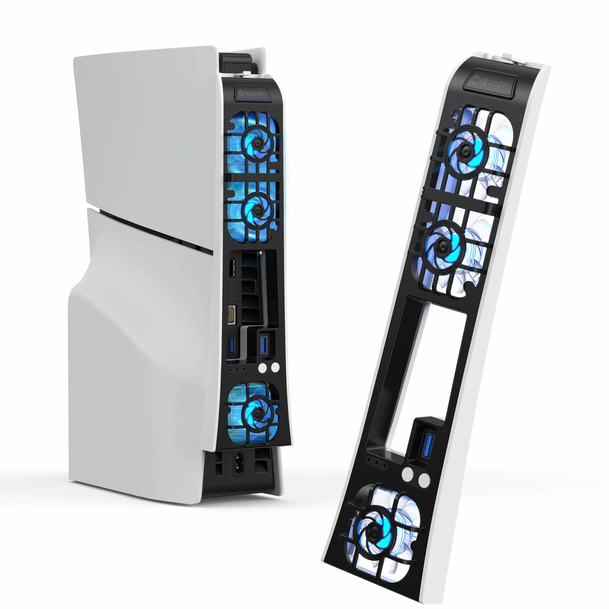 NEWDERY Wentylator chłodzący do konsoli PS5 Slim, ulepszony cichy wentylator chłodzący, automatyczna prędkość sterowana temperaturą, dynamiczne światło RGB, złącze USB 3.0, pasuje do Playstation 5
