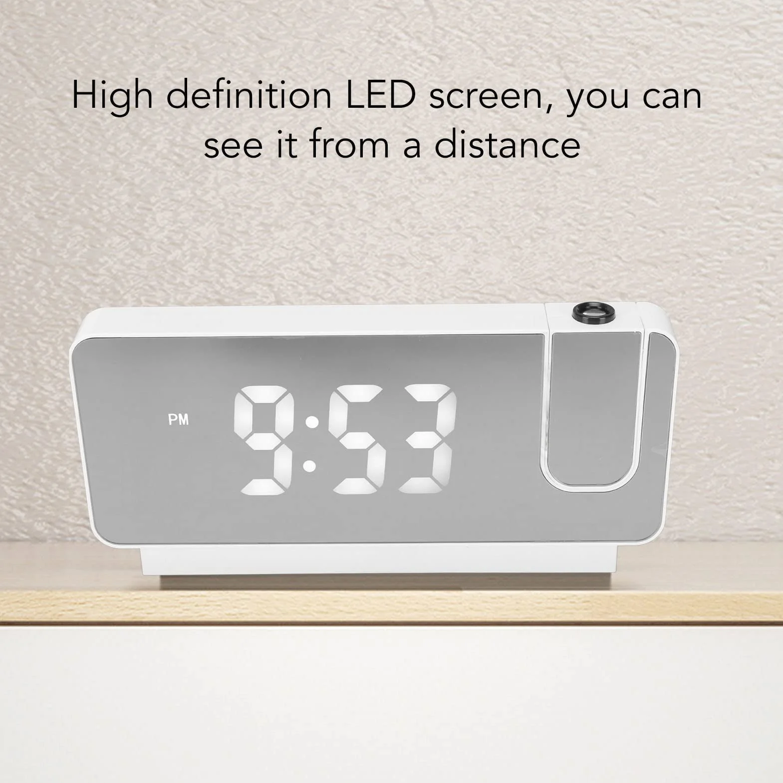 Budzik z projekcją LED do Sypialni, Cyfrowy Zegar z Obracanym o 180° Projektorem, Wyświetlanie Czasu, Daty, Temperatury, Projekcja na ścianie Sufitowej, Port ładowarki USB (Biały)