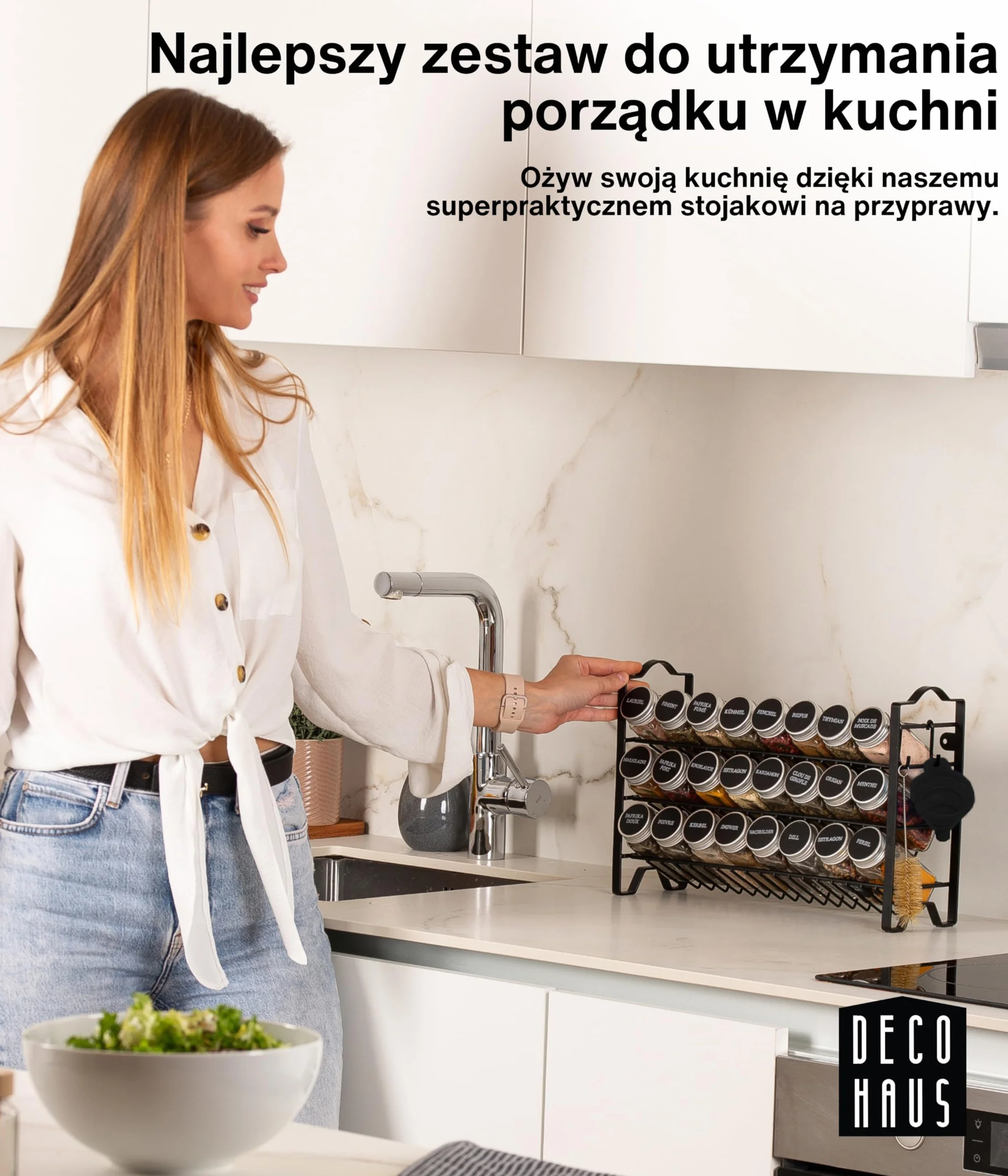 Deco Haus® Stojak na Przyprawy ze Słoikami na Przyprawy - 3-poziomowy Metalowy Organizer Kuchenny - 24 Słoiczki, 48 Etykiet, Pędzelek, Haczyki, Lejek - Półka Wolnostojąca lub na Ścianę - Czarny Regał