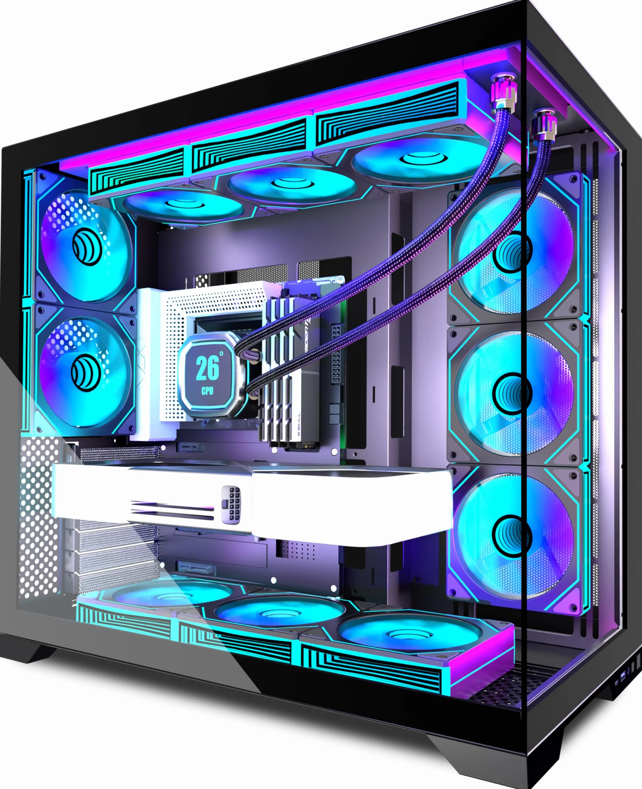 ANSAITE ATX obudowa PC 9 × 120 mm ARGB PWM, fabrycznie zainstalowany, panoramiczne szkło hartowane, czarna, obudowa komputera do gier Mid-Tower