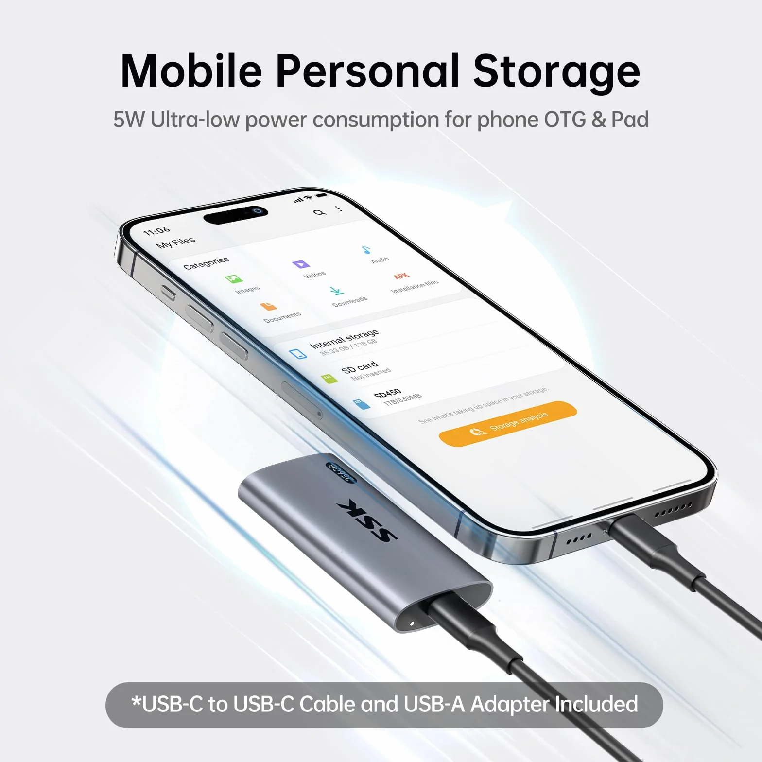SSK 256GB Przenośny Dysk SSD Zewnętrzny Do 550MB/s, Zewnętrzny Dysk SSD USB 3.2 Gen2 dla iPhone 15/16/Pro, Windows, Mac, Android Z światłem LED, obsługujący TRIM, SMART
