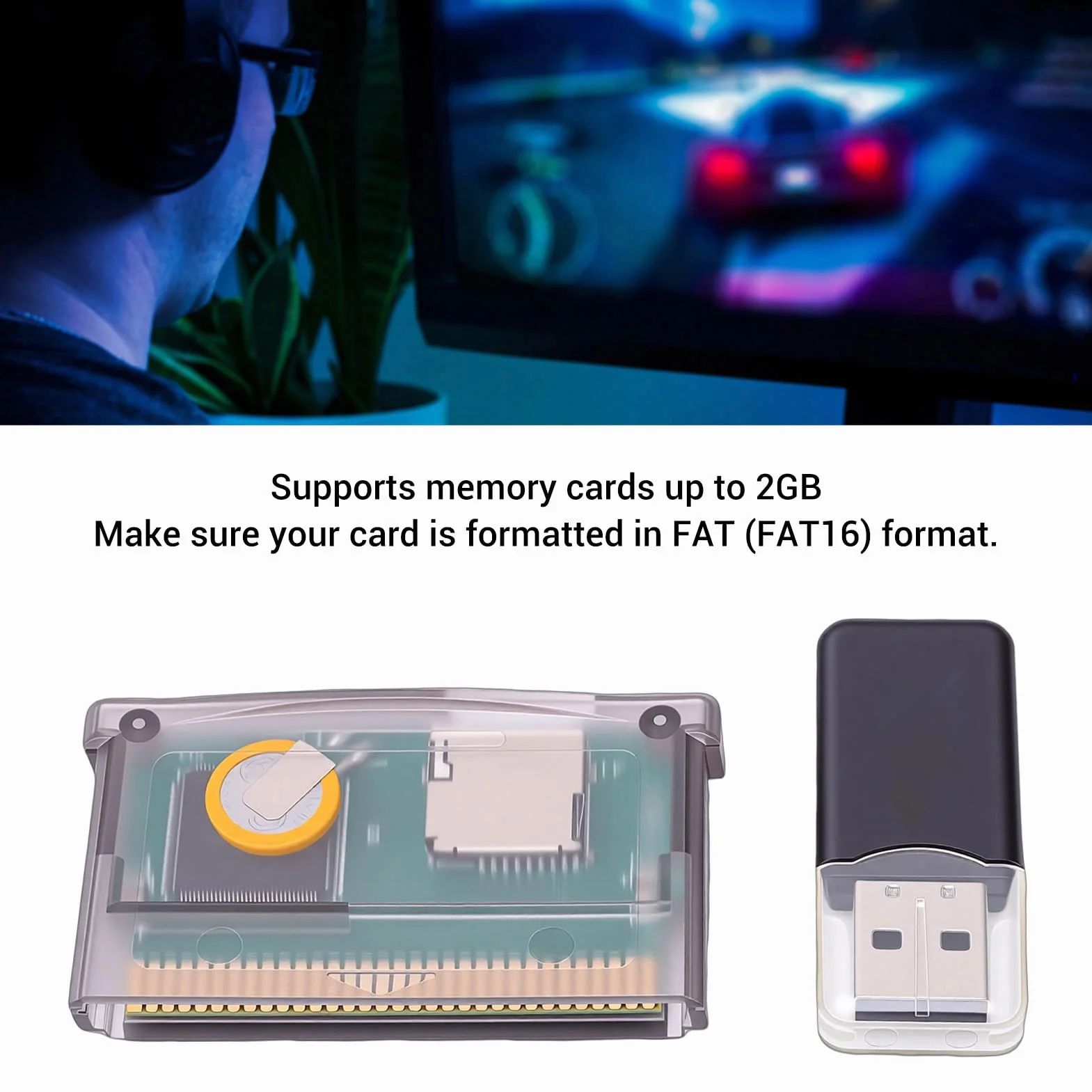 LICAEVEY Karta Pamięci GBA Flash, Karta do Gry dla Gameboy Advance SP itp., Maksymalna pojemność 2 GB, Wymagany Format FAT, kompatybilność Uniwersalna (fioletowy przezroczysty)