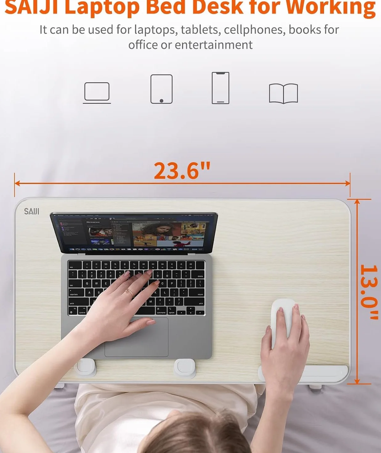 Stół, biurko, SAIJI regulowany stojak na laptopa, stolik na łóżko, 5 wysokości, 4 kąty, stabilne składane biurko na łóżko, sofę, biurko, pasuje do laptopa o przekątnej do 43 cm (drewno tekowe)