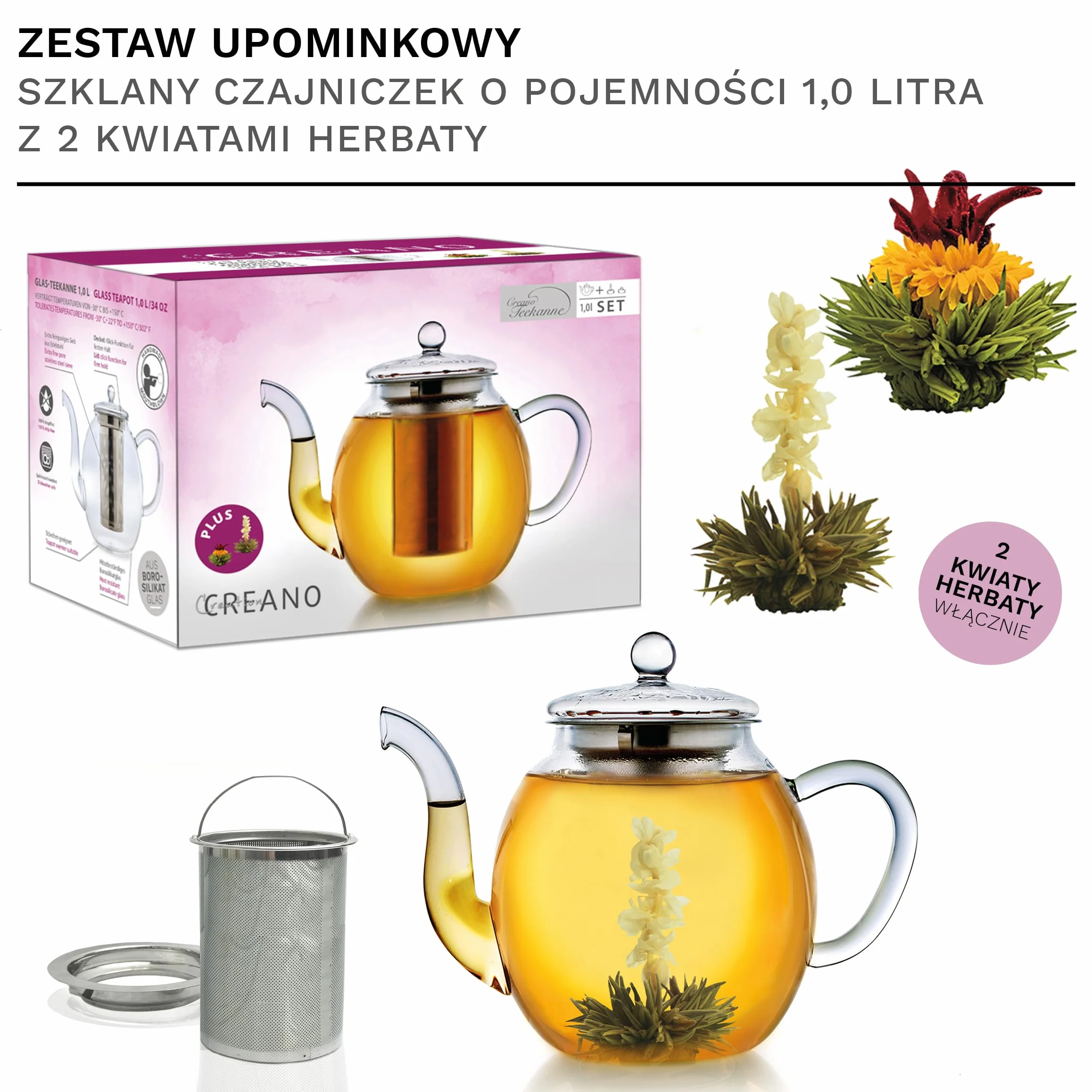 Creano Czajniczek ze szkła z wyjmowanym zaparzaczem do herbaty ze stali nierdzewnej, zawiera 2 kwitnące herbaty, 1000 ml