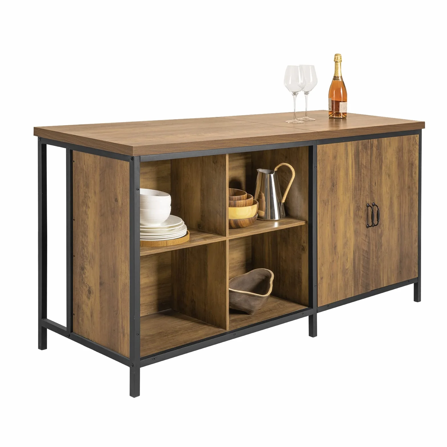 SoBuy KNL01-F Wyspa Kuchenna Stół Obiadowy Przemysłowy Stół Barowy 2 drzwi, 4 przegródki na kostki,Wymiary: 160x170x89cm