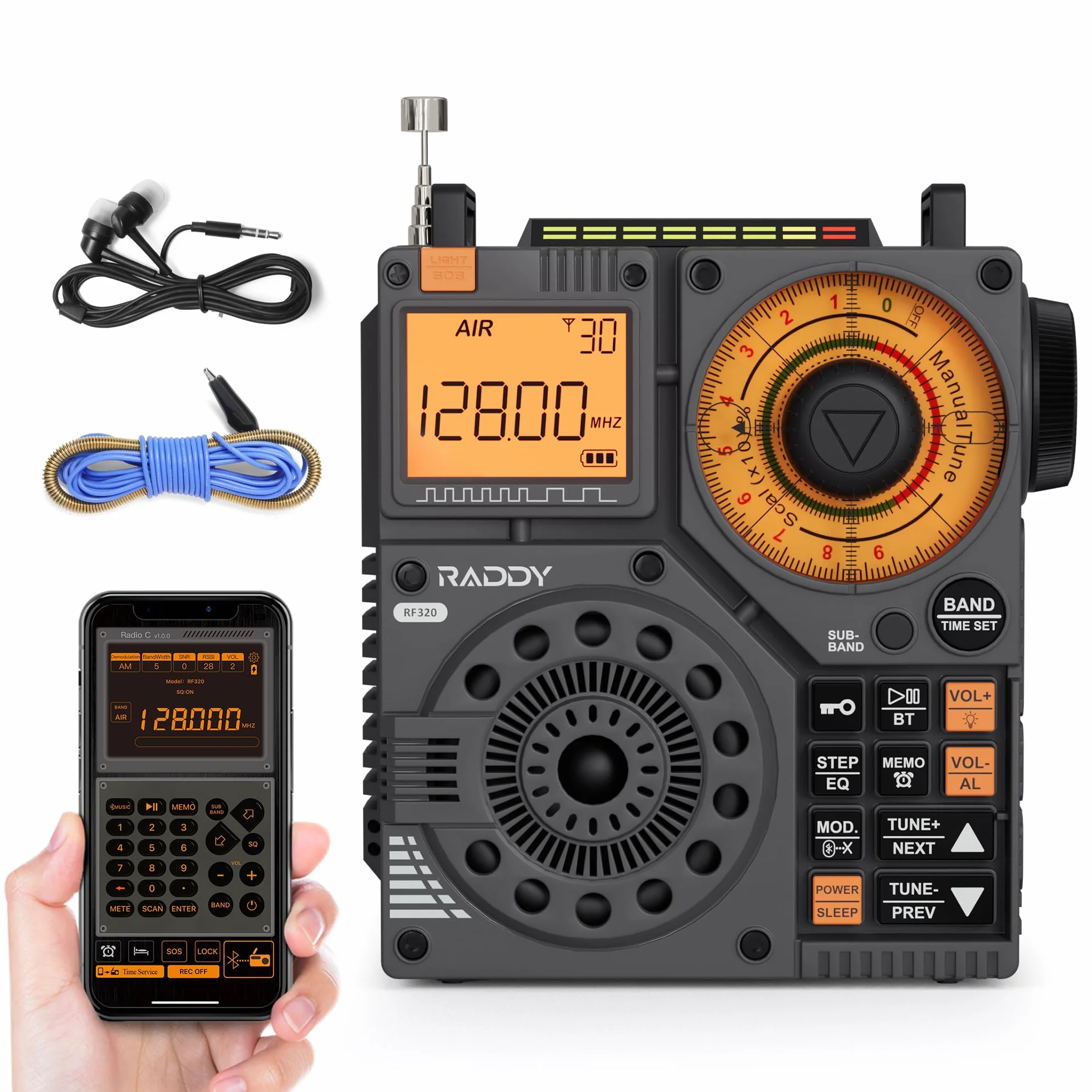 Radio krótkofalowe Raddy RF320, odbiornik FM/AM/VHF/SW/AIR, obsługa kart Bluetooth/TF, ładowalne radio przenośne z 3-metrowymi słuchawkami dousznymi z anteną Latarka SOS