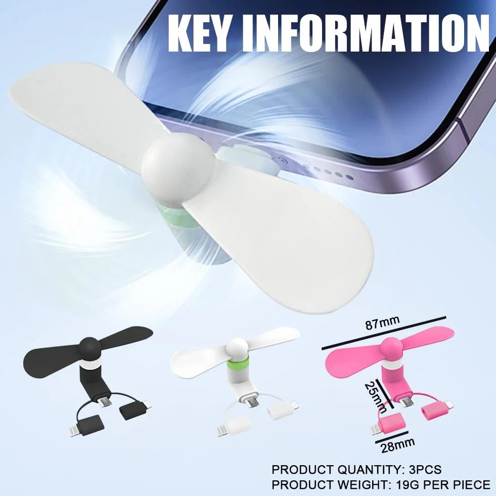 Wentylator do telefonu komórkowego, wentylator typu C, przenośny mini wentylator USB 3 w 1, do portu Lightning/USB typu C (czarny, biały, różowy)